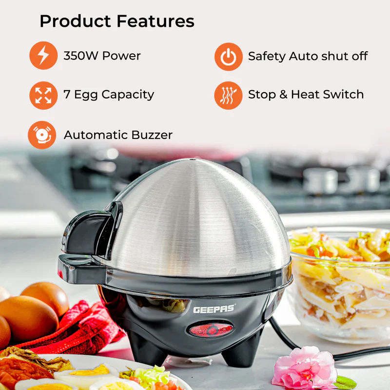 Geepas GEB63032UK Egg Boiler | 7 Egg Capacity Electric Egg Cooker with Automatic Buzzer | 350W Powerful Heating | Stainless Steel Cover | Easy & Quick Egg Cooking - Image 2