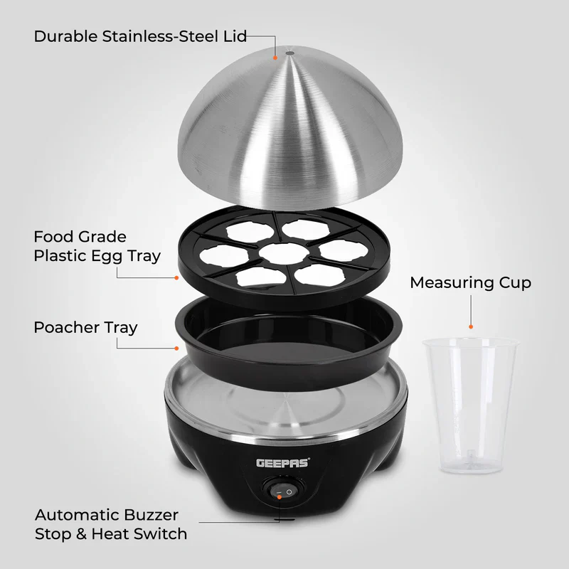 Geepas GEB63032UK Egg Boiler | 7 Egg Capacity Electric Egg Cooker with Automatic Buzzer | 350W Powerful Heating | Stainless Steel Cover | Easy & Quick Egg Cooking - Image 4