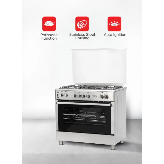 Geepas GCR9077FTCST 90x60 Cooking Range | 5 Gas Burners, Italian Sabaf Triple Burner, Rotisserie, Turbofan, Full Safety | Stainless Steel | Made in Turkey| 1 Year Warranty - Image 2