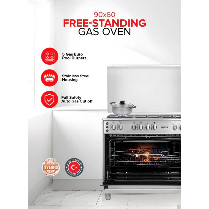Geepas GCR9077FTCST 90x60 Cooking Range | 5 Gas Burners, Italian Sabaf Triple Burner, Rotisserie, Turbofan, Full Safety | Stainless Steel | Made in Turkey| 1 Year Warranty - Image 3