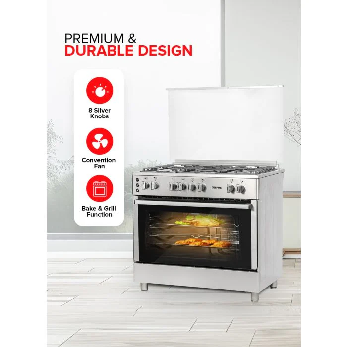Geepas GCR9077FTCST 90x60 Cooking Range | 5 Gas Burners, Italian Sabaf Triple Burner, Rotisserie, Turbofan, Full Safety | Stainless Steel | Made in Turkey| 1 Year Warranty - Image 4