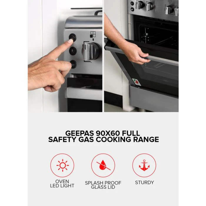 Geepas GCR9077FTCST 90x60 Cooking Range | 5 Gas Burners, Italian Sabaf Triple Burner, Rotisserie, Turbofan, Full Safety | Stainless Steel | Made in Turkey| 1 Year Warranty - Image 5