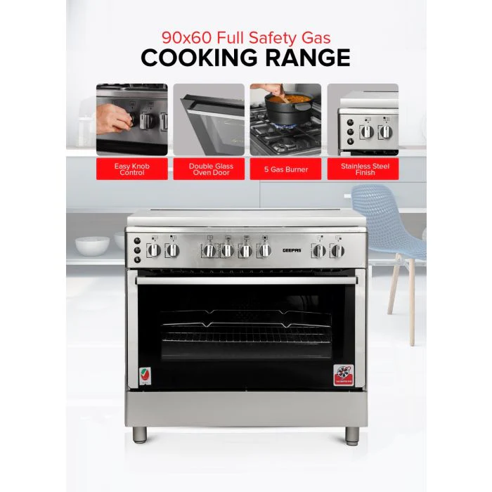 Geepas GCR9077FTCST 90x60 Cooking Range | 5 Gas Burners, Italian Sabaf Triple Burner, Rotisserie, Turbofan, Full Safety | Stainless Steel | Made in Turkey| 1 Year Warranty - Image 6