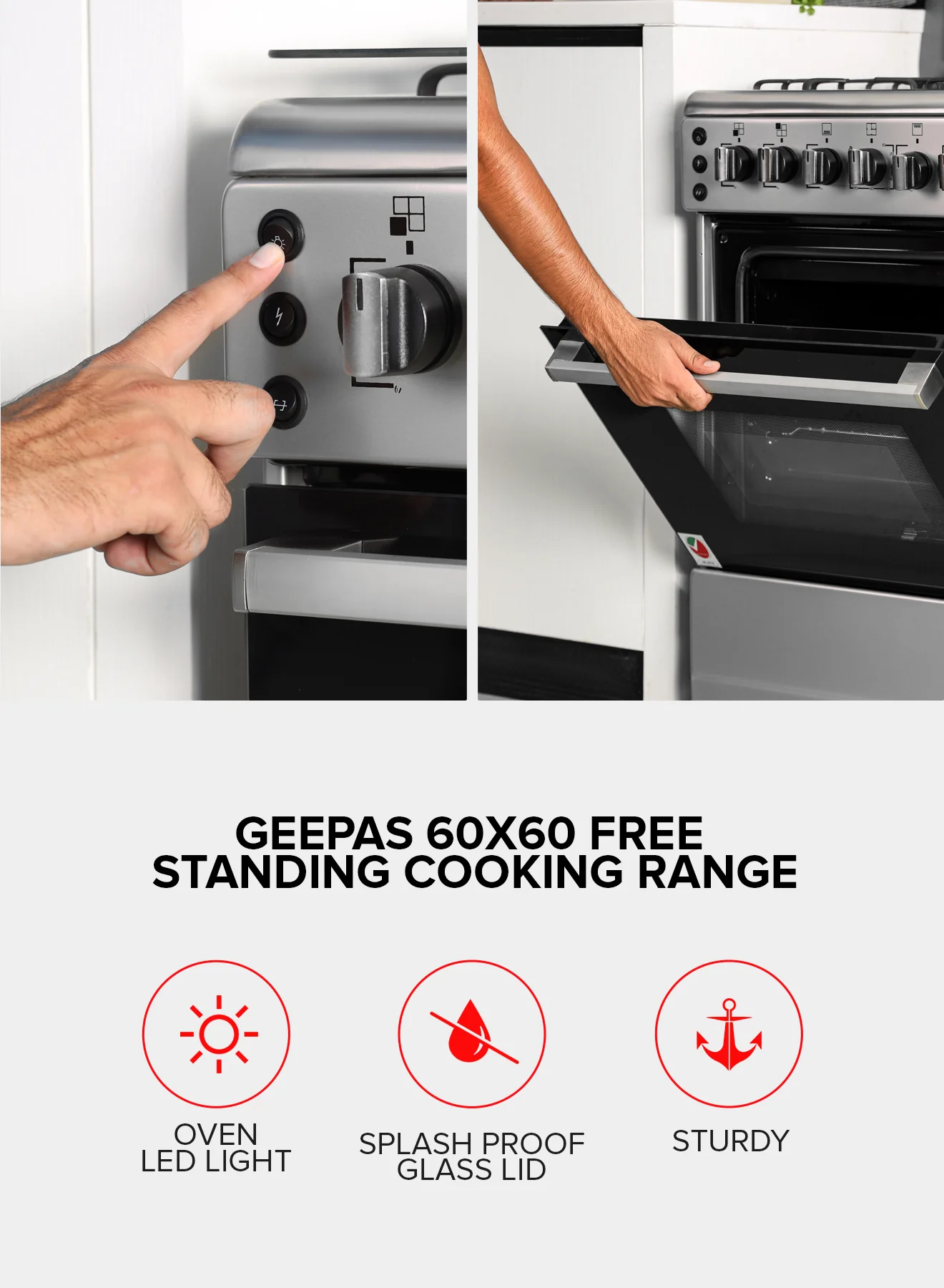 Geepas 60x60 Free Standing Cooking Range-GCR6059 / Rotisserie Function / Stainless Steel Housing / 4 Gas Burners / Auto Ignition /Perfect for Cook Bake and Grill Function - Image 3
