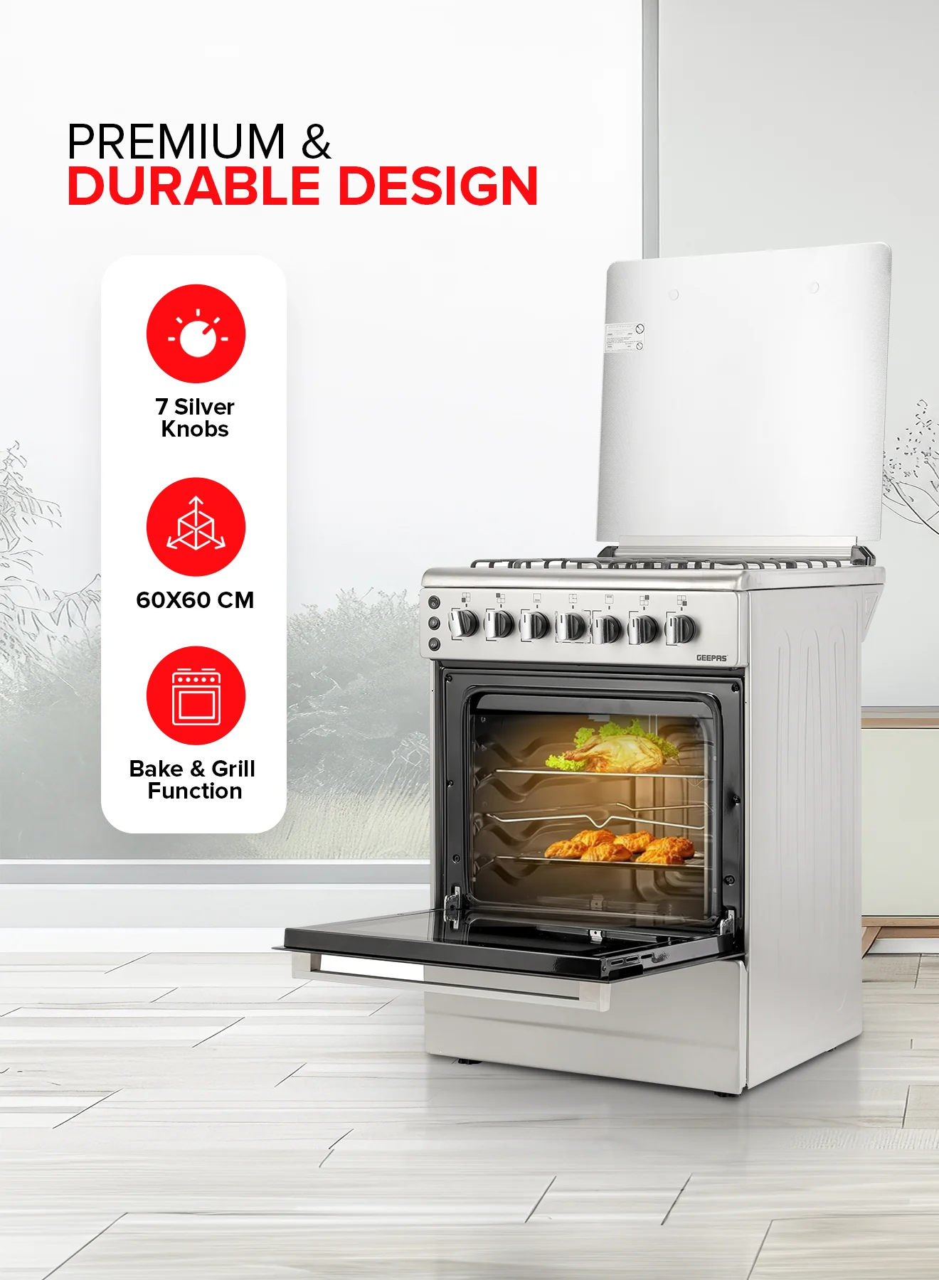 Geepas 60x60 Free Standing Cooking Range-GCR6059 / Rotisserie Function / Stainless Steel Housing / 4 Gas Burners / Auto Ignition /Perfect for Cook Bake and Grill Function - Image 4