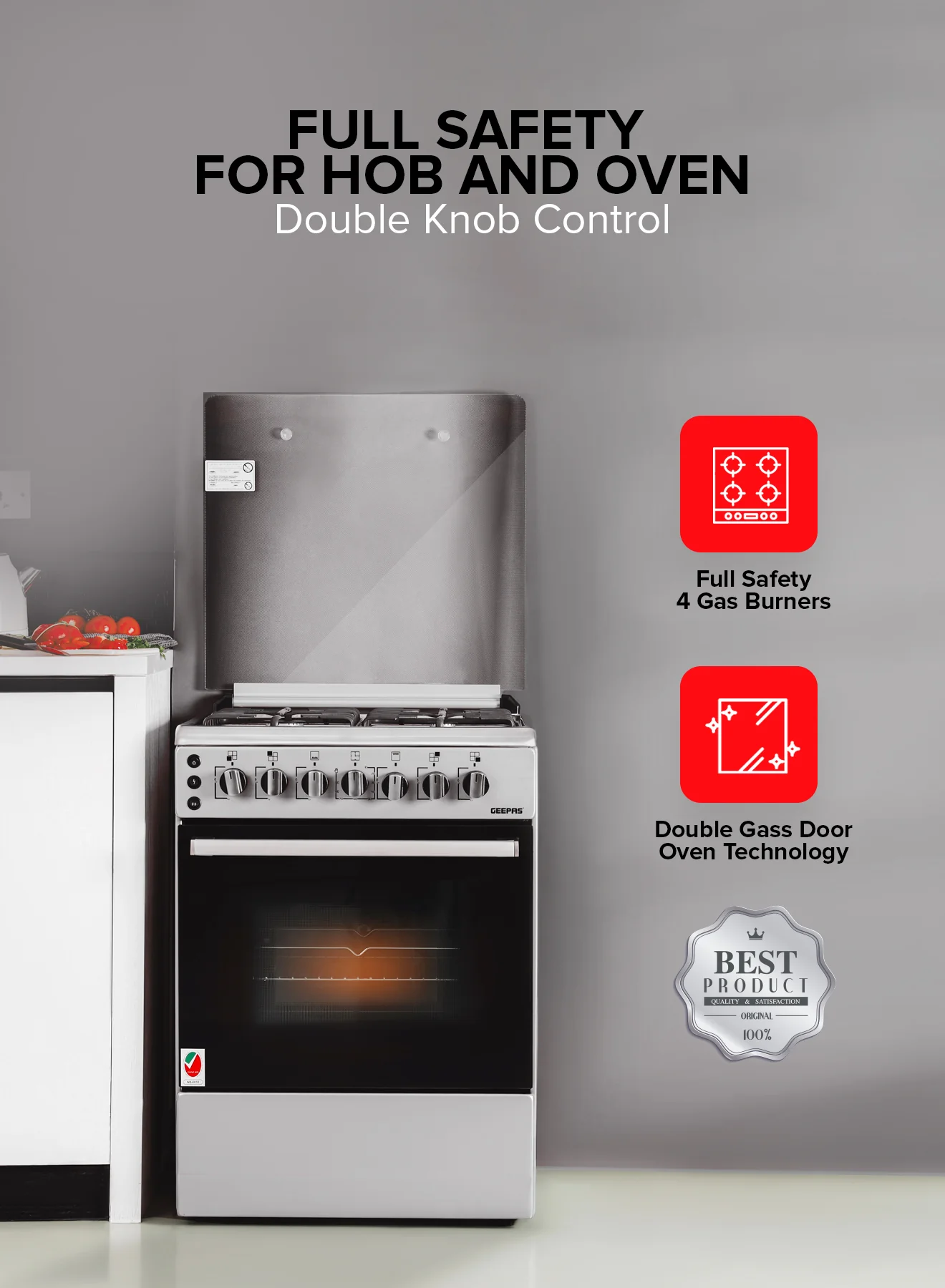 Geepas 60x60 Free Standing Cooking Range-GCR6059 / Rotisserie Function / Stainless Steel Housing / 4 Gas Burners / Auto Ignition /Perfect for Cook Bake and Grill Function - Image 5