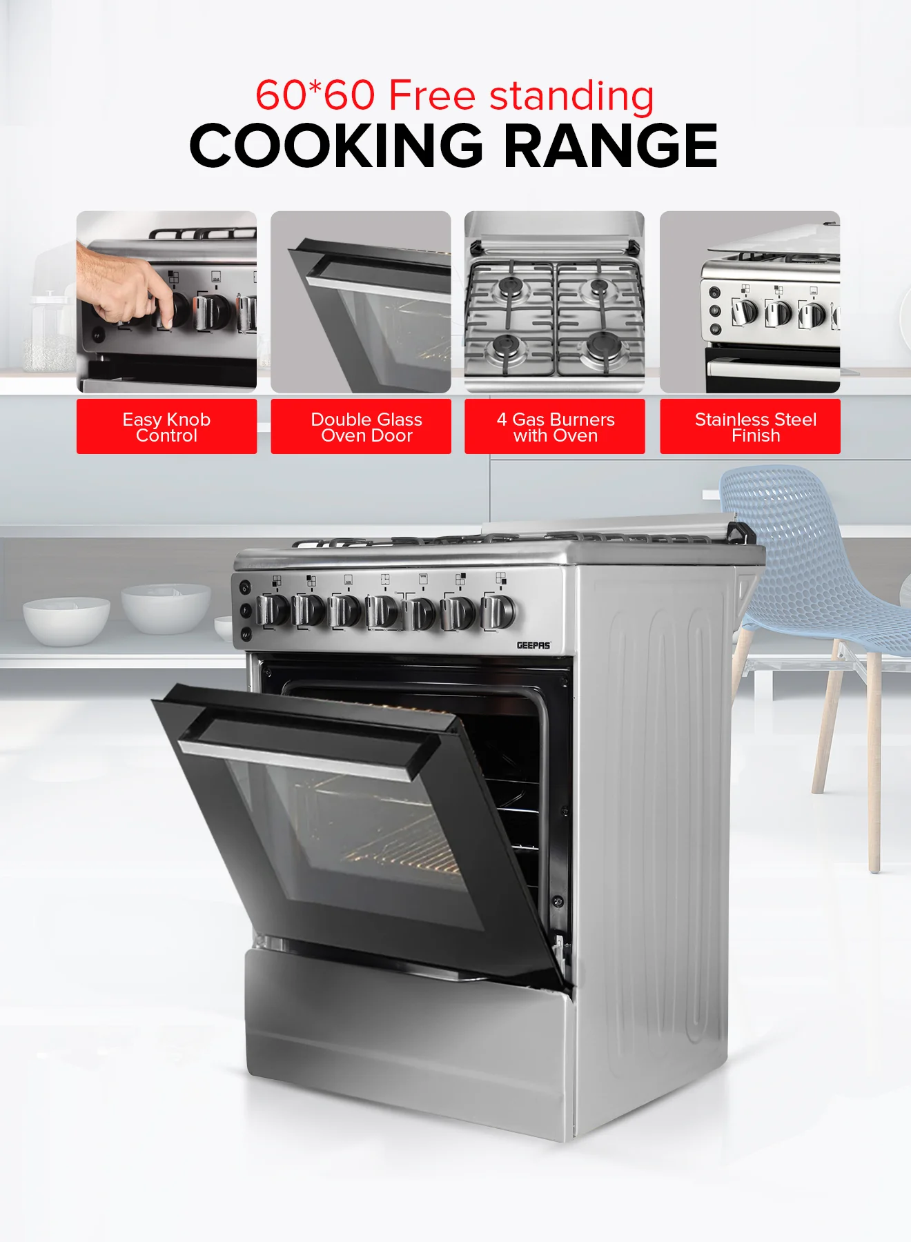 Geepas 60x60 Free Standing Cooking Range-GCR6059 / Rotisserie Function / Stainless Steel Housing / 4 Gas Burners / Auto Ignition /Perfect for Cook Bake and Grill Function - Image 6