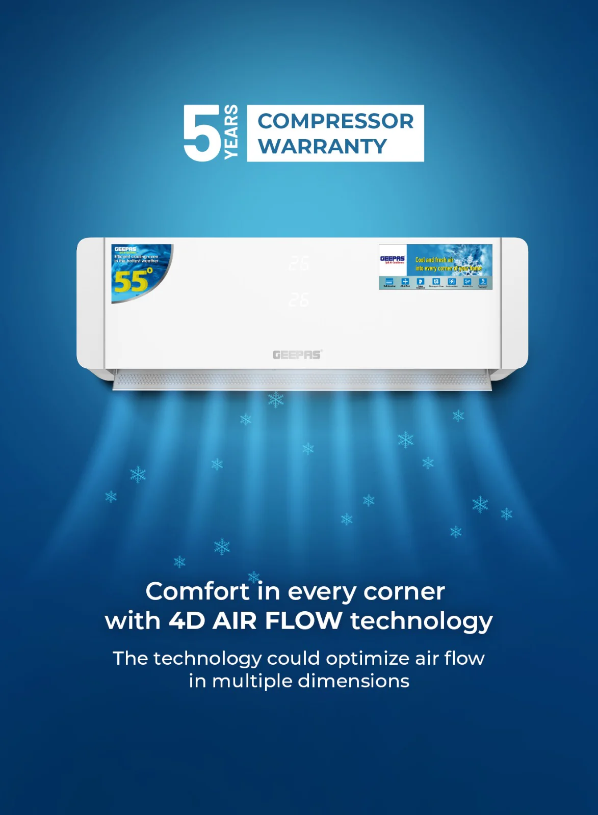 Geepas 1.5 Ton Smart Split Air Conditioner GACS1825CUE | 18500 BTU Cooling | Wi-Fi Control| LED Display| 4D Air Flow| Golden Fin| Self-Cleaning|  & 5-Year Warranty - Image 6