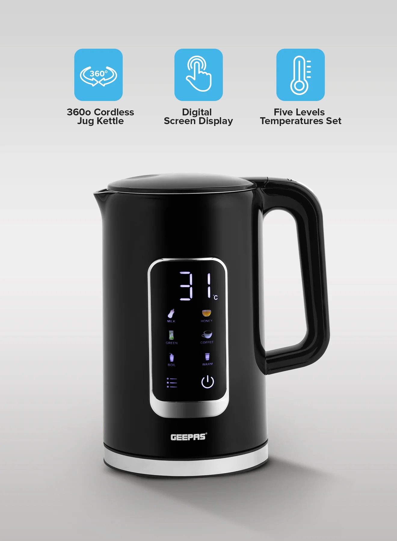 Geepas 1.7L Digital Display Kettle-GK38052-Dry Boiling Protection/Quick Boil Water, Tea and Coffee Maker-2200 Watts/ 5 Temperature Settings - Image 2