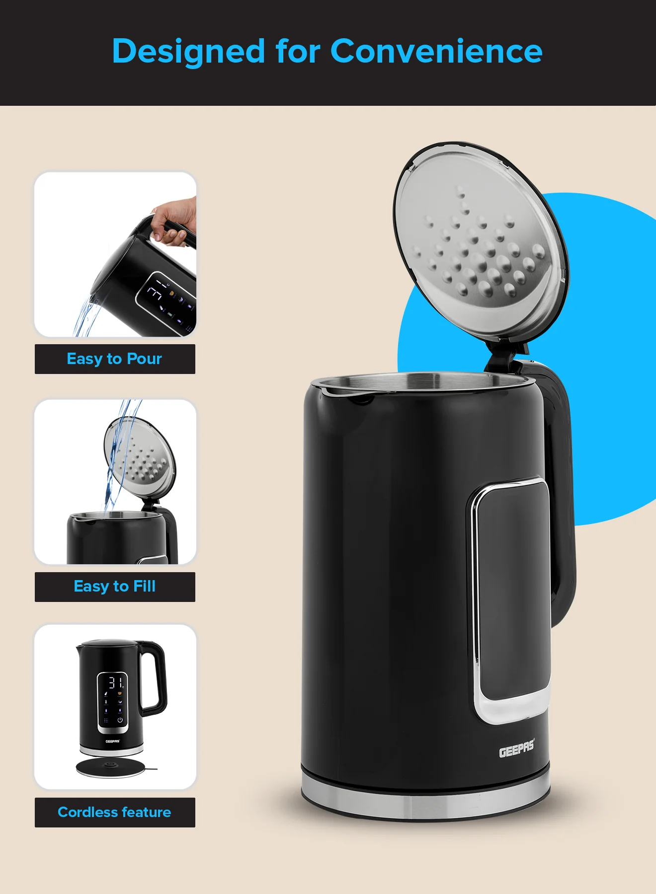 Geepas 1.7L Digital Display Kettle-GK38052-Dry Boiling Protection/Quick Boil Water, Tea and Coffee Maker-2200 Watts/ 5 Temperature Settings - Image 3