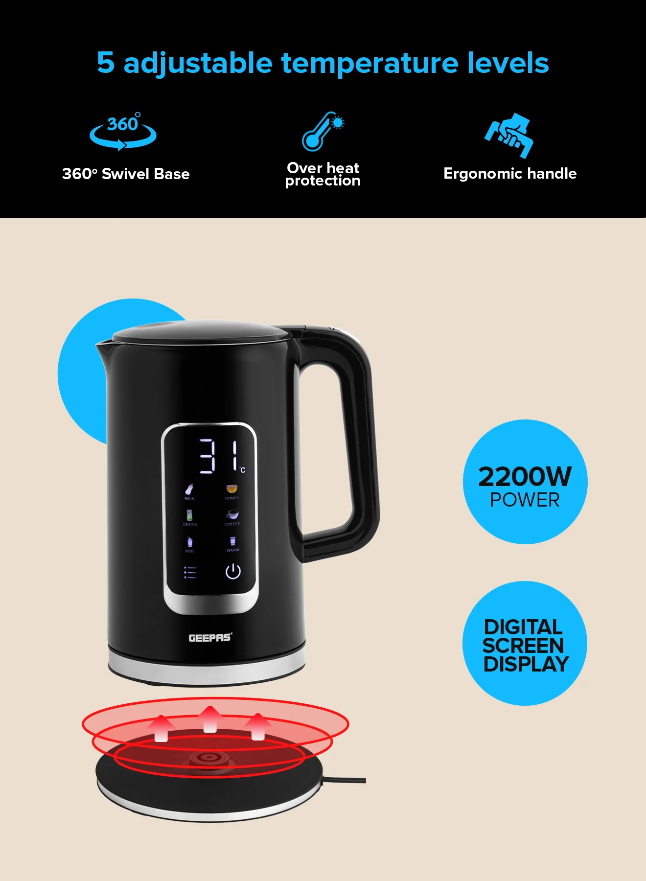 Geepas 1.7L Digital Display Kettle-GK38052-Dry Boiling Protection/Quick Boil Water, Tea and Coffee Maker-2200 Watts/ 5 Temperature Settings - Image 4