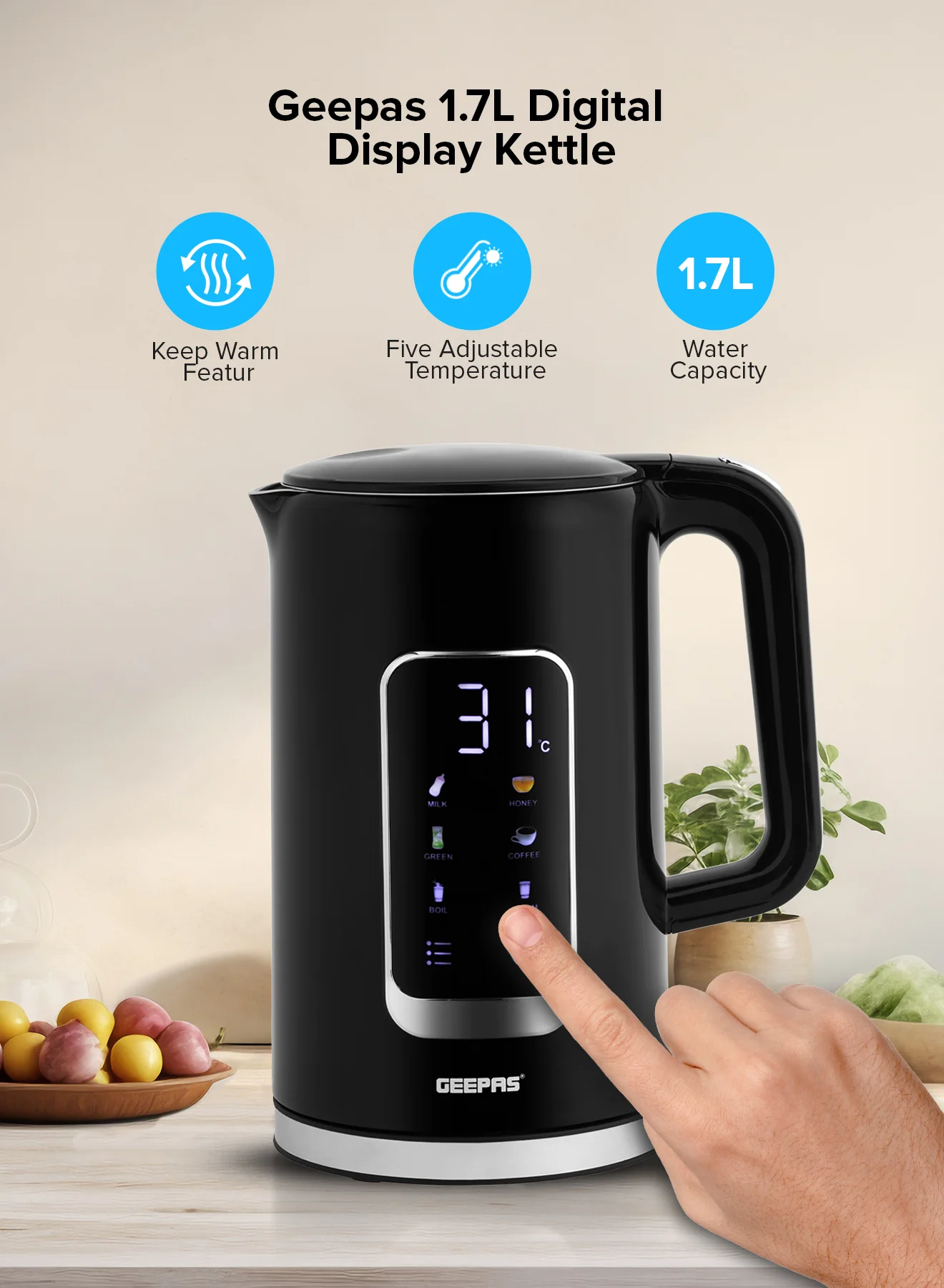Geepas 1.7L Digital Display Kettle-GK38052-Dry Boiling Protection/Quick Boil Water, Tea and Coffee Maker-2200 Watts/ 5 Temperature Settings - Image 5