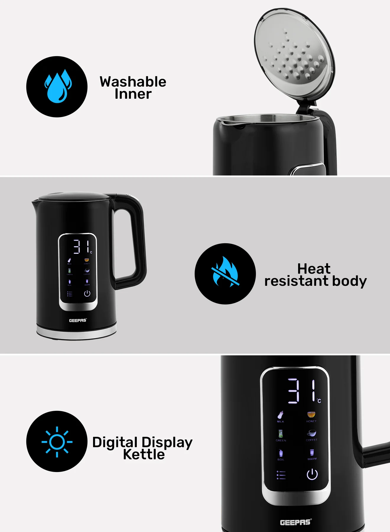 Geepas 1.7L Digital Display Kettle-GK38052-Dry Boiling Protection/Quick Boil Water, Tea and Coffee Maker-2200 Watts/ 5 Temperature Settings - Image 6
