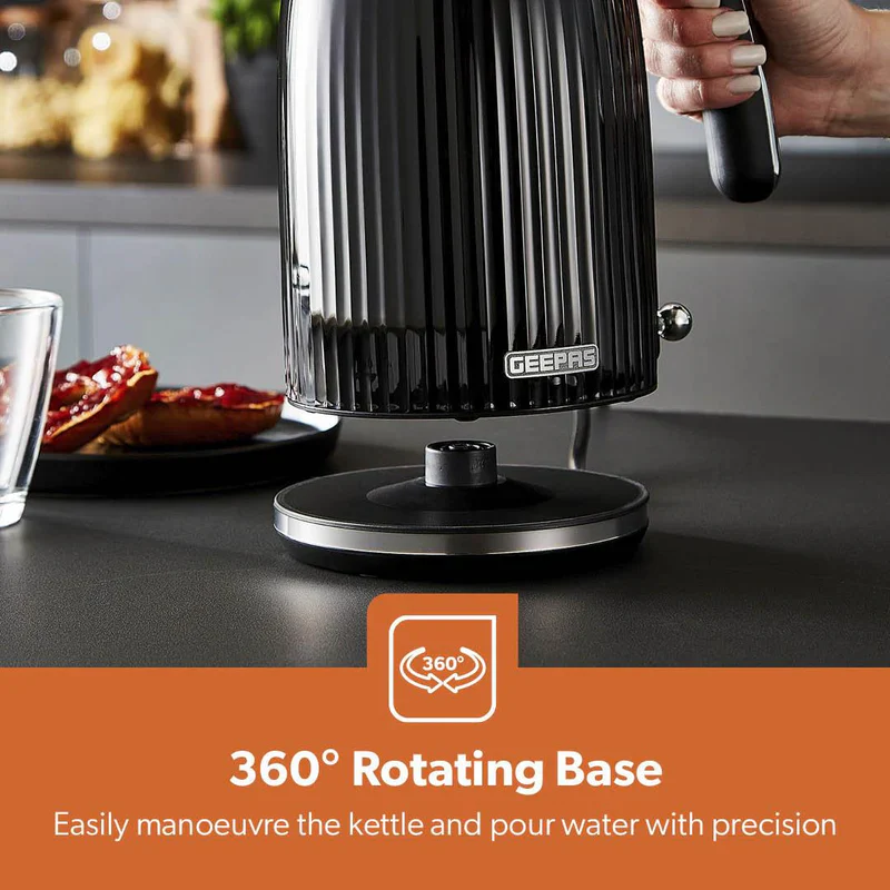 Geepas 1.7L Fluted Black Jug Kettle GK38068UK-BK | 3000W Rapid Boil | 360° Cordless Base | Auto Shut-Off & Boil-Dry Protection | Elegant Design | 2 Years Warranty - Image 4