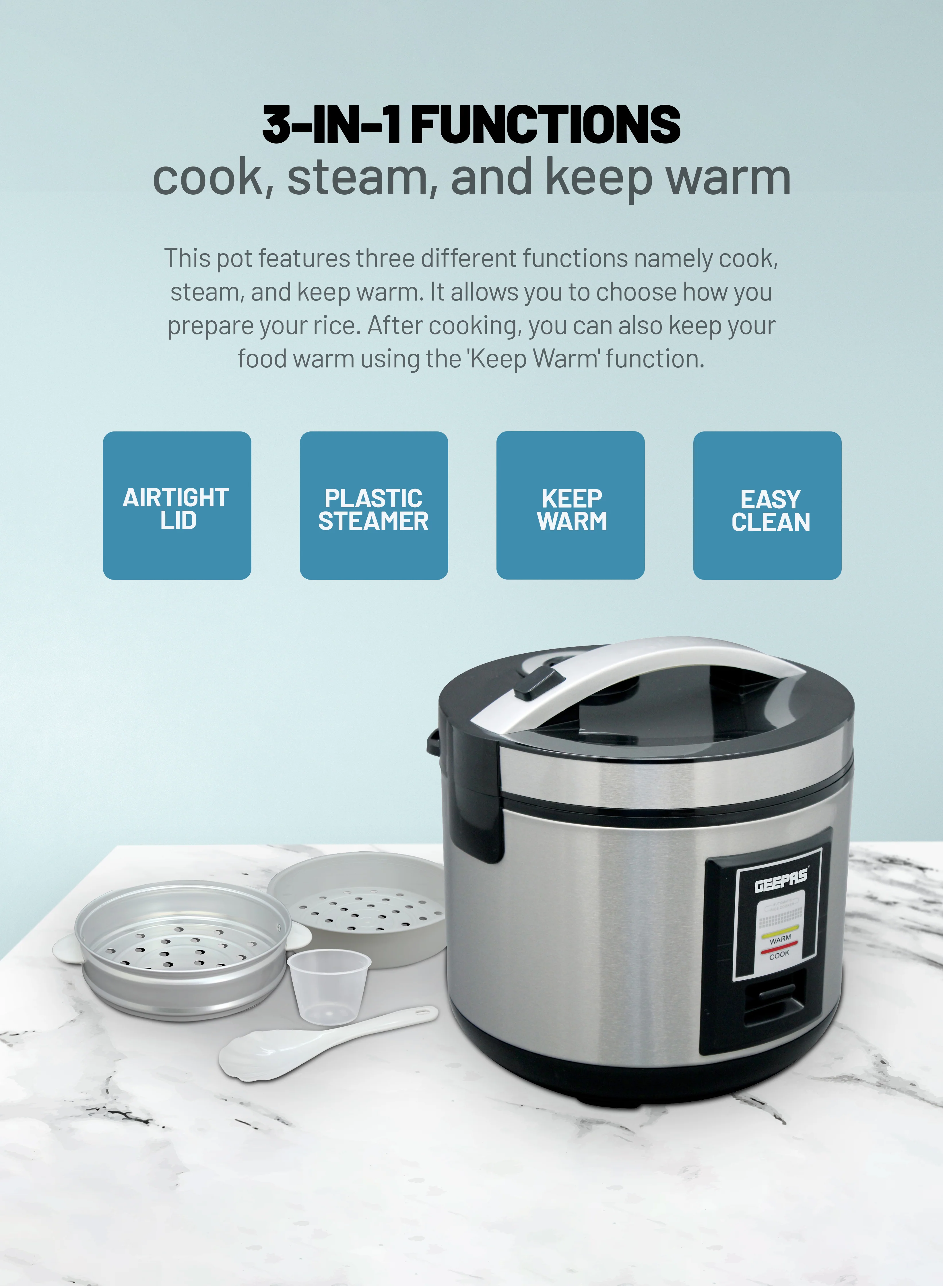 Geepas Automatic Rice Cooker GRC4330 | 1.8L Large Capacity | Ideal for Cooking, Steaming & Keeping Food Warm | Energy Efficient & Easy to Clean Design | 2 Years Warranty - Image 3