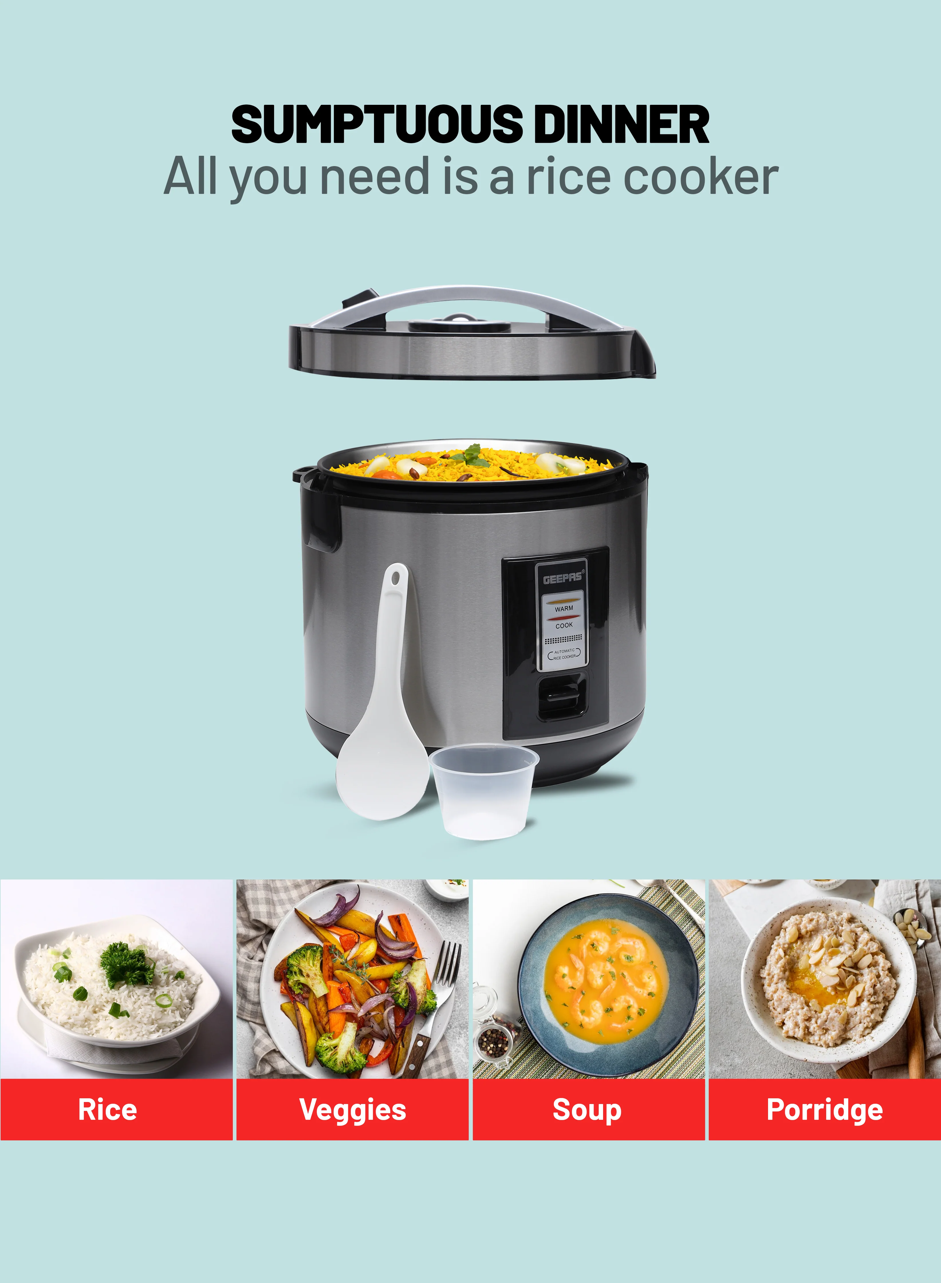 Geepas Automatic Rice Cooker GRC4330 | 1.8L Large Capacity | Ideal for Cooking, Steaming & Keeping Food Warm | Energy Efficient & Easy to Clean Design | 2 Years Warranty - Image 4
