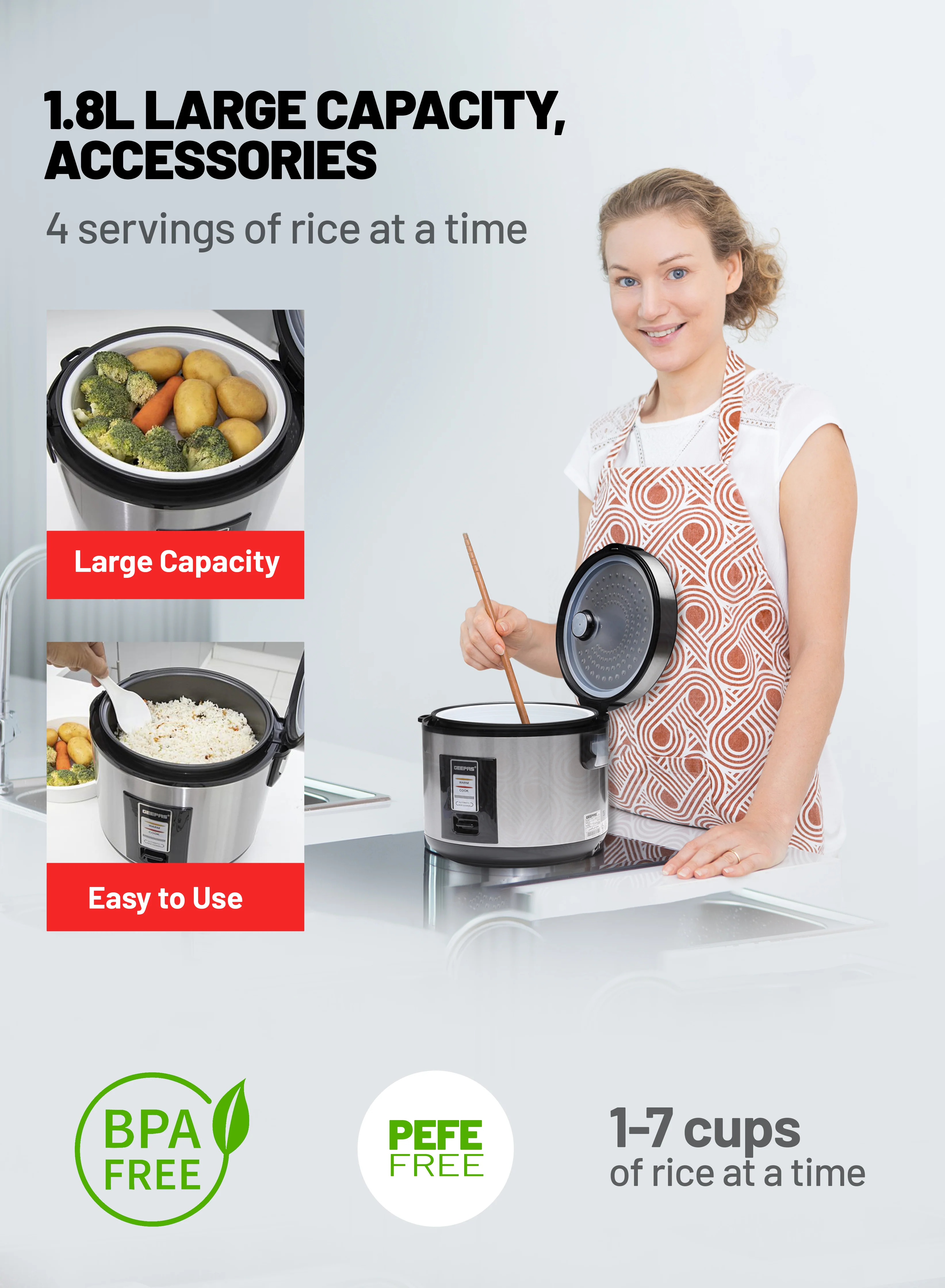 Geepas Automatic Rice Cooker GRC4330 | 1.8L Large Capacity | Ideal for Cooking, Steaming & Keeping Food Warm | Energy Efficient & Easy to Clean Design | 2 Years Warranty - Image 5