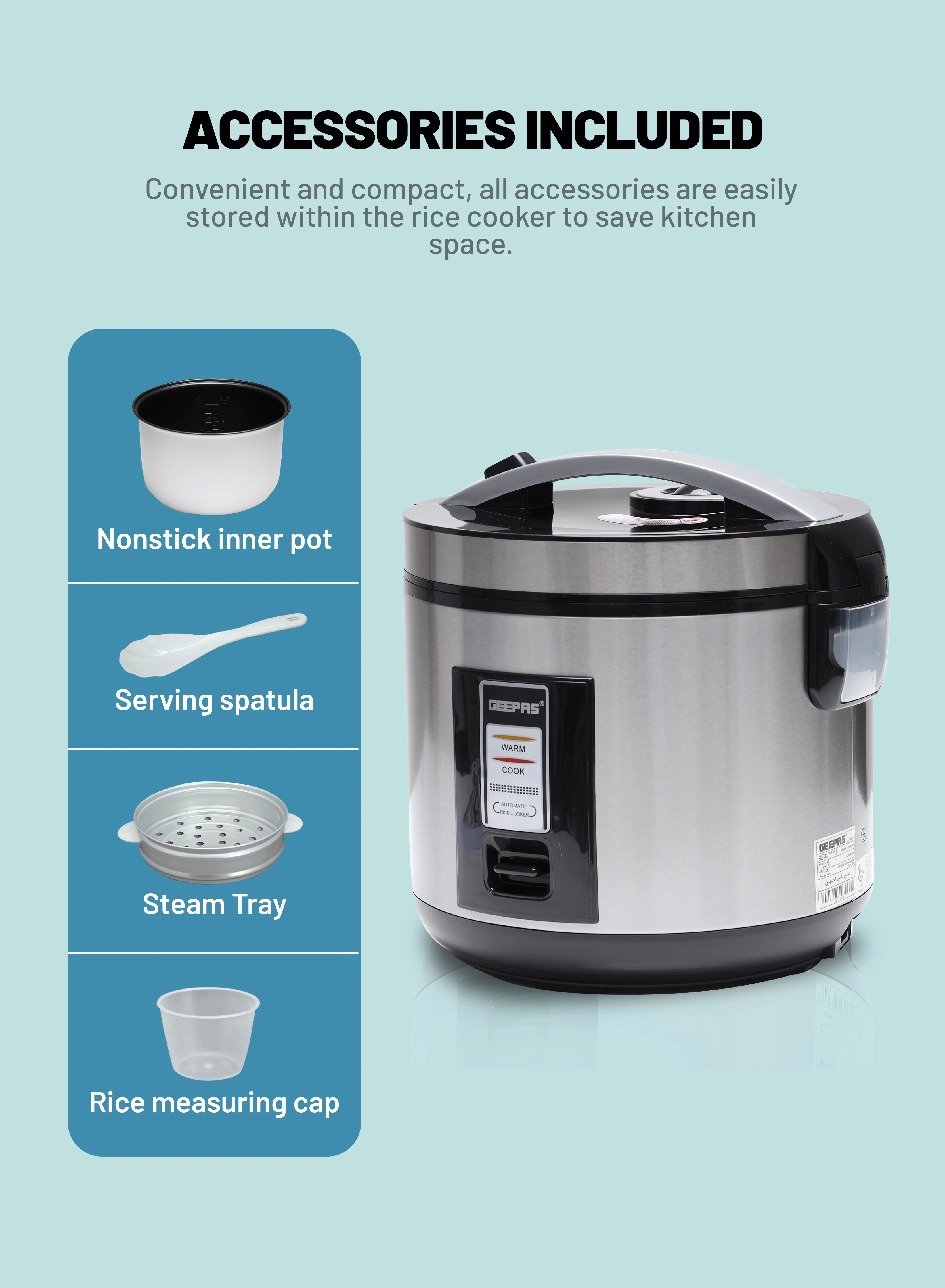 Geepas Automatic Rice Cooker GRC4330 | 1.8L Large Capacity | Ideal for Cooking, Steaming & Keeping Food Warm | Energy Efficient & Easy to Clean Design | 2 Years Warranty - Image 6