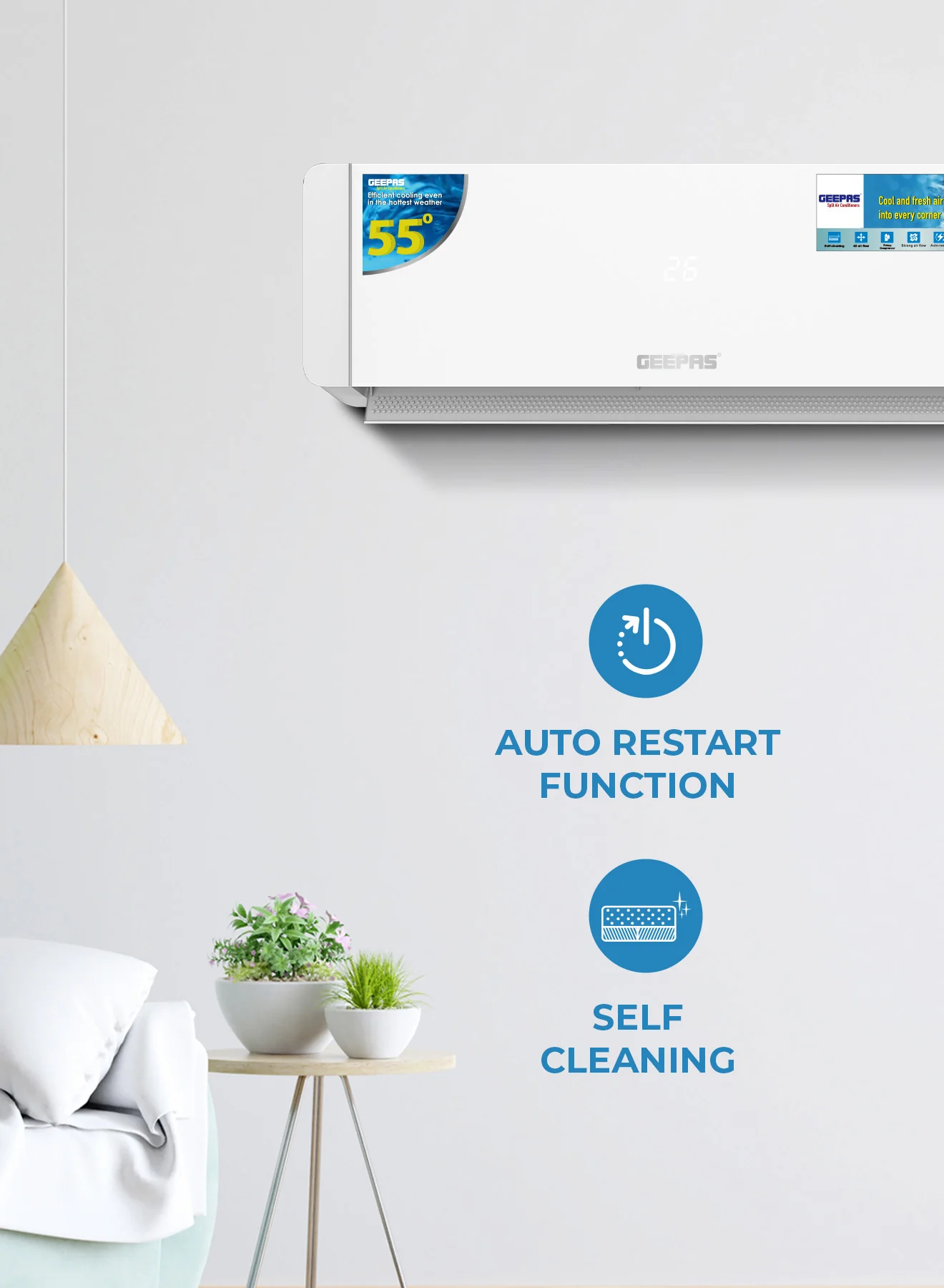 Geepas 1 Ton Smart Split Air Conditioner GACS1225CUE | 12000 BTU Cooling | Wi-Fi Control, LED Display| 4D Air Flow| Golden Fin| Self-Cleaning & 5-Year Compressor Warranty - Image 3