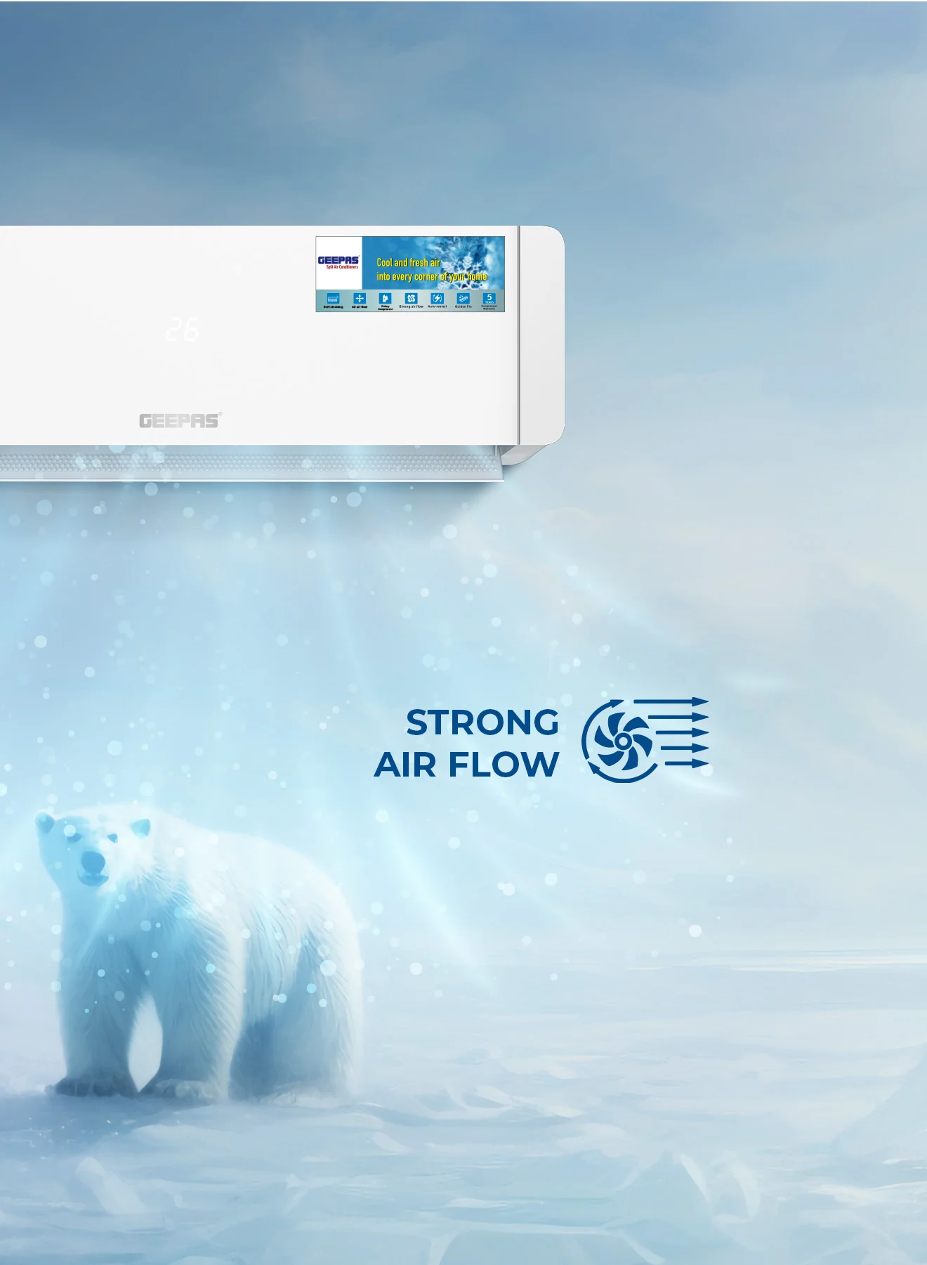 Geepas 1 Ton Smart Split Air Conditioner GACS1225CUE | 12000 BTU Cooling | Wi-Fi Control, LED Display| 4D Air Flow| Golden Fin| Self-Cleaning & 5-Year Compressor Warranty - Image 4