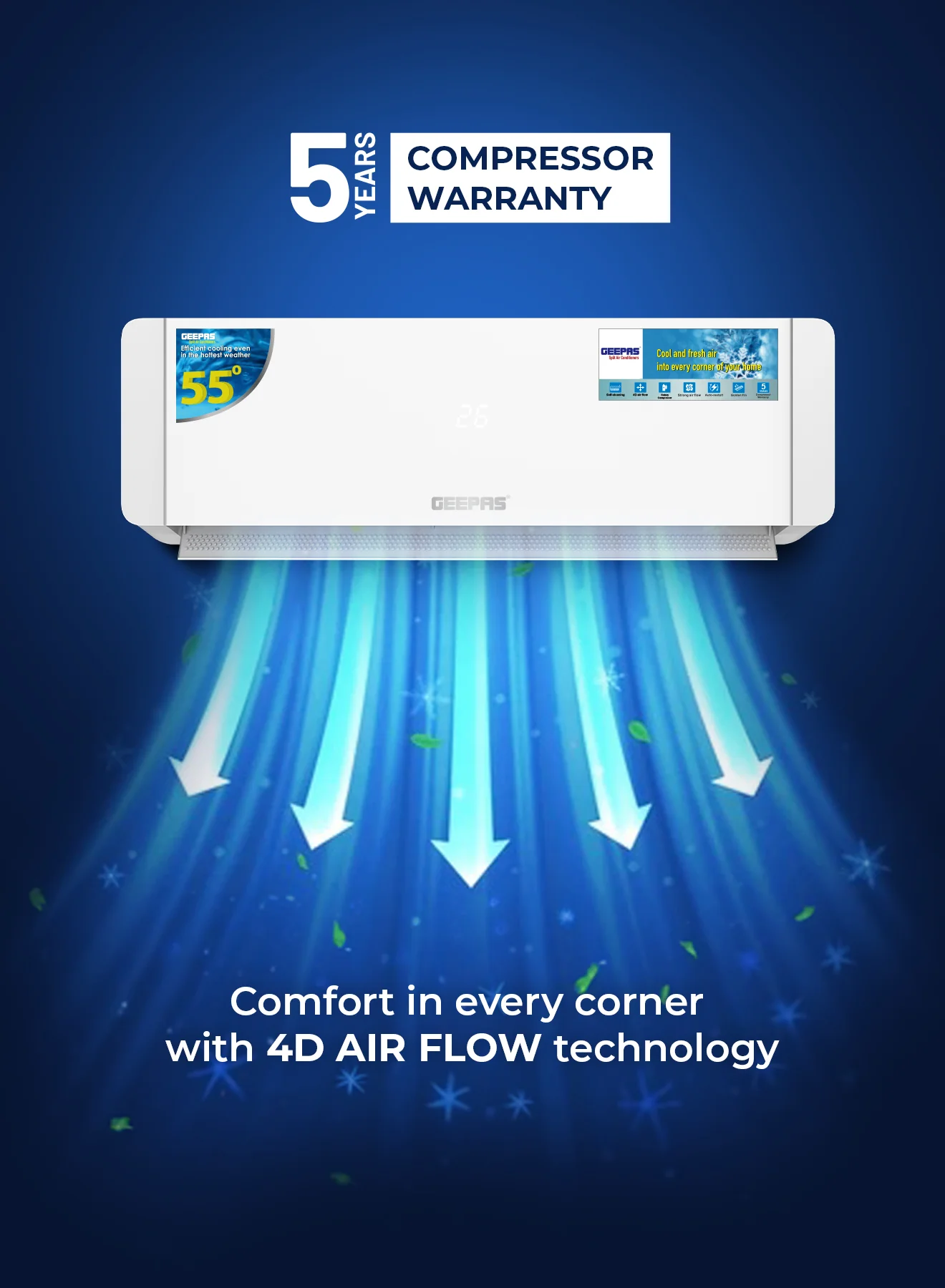 Geepas 1 Ton Smart Split Air Conditioner GACS1225CUE | 12000 BTU Cooling | Wi-Fi Control, LED Display| 4D Air Flow| Golden Fin| Self-Cleaning & 5-Year Compressor Warranty - Image 6