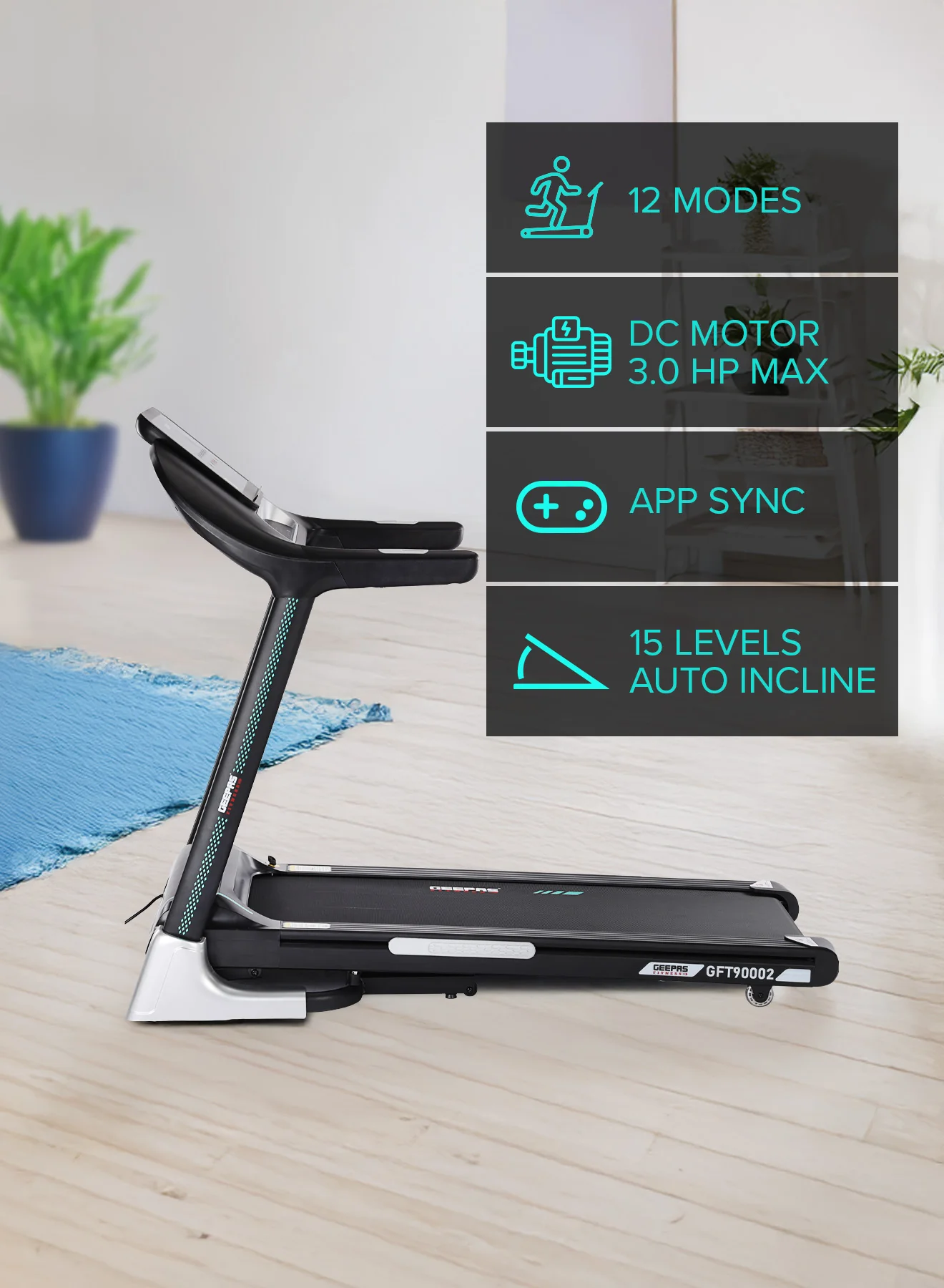 Geepas GFT90002 10.1 Inch Touch Screen Foldable Hydraulic Treadmill | 3HP Brushless Motor| 15-Level Auto Incline| 12 Preset Programs| Bluetooth App Sync| 2 Years Warranty - Image 4