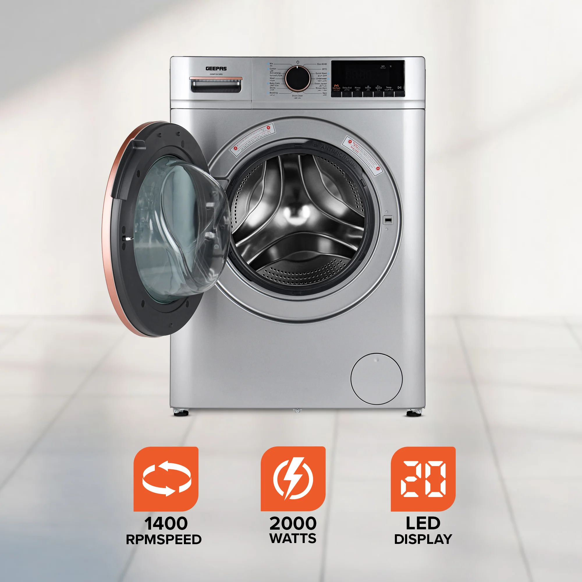 Geepas Front Load Washing Machine GWMF1041SRG | 10KG Capacity| Powerful Motor| Multiple Wash Programs| Energy Efficient Performance| Stylish Design|  1 Year Warranty - Image 3
