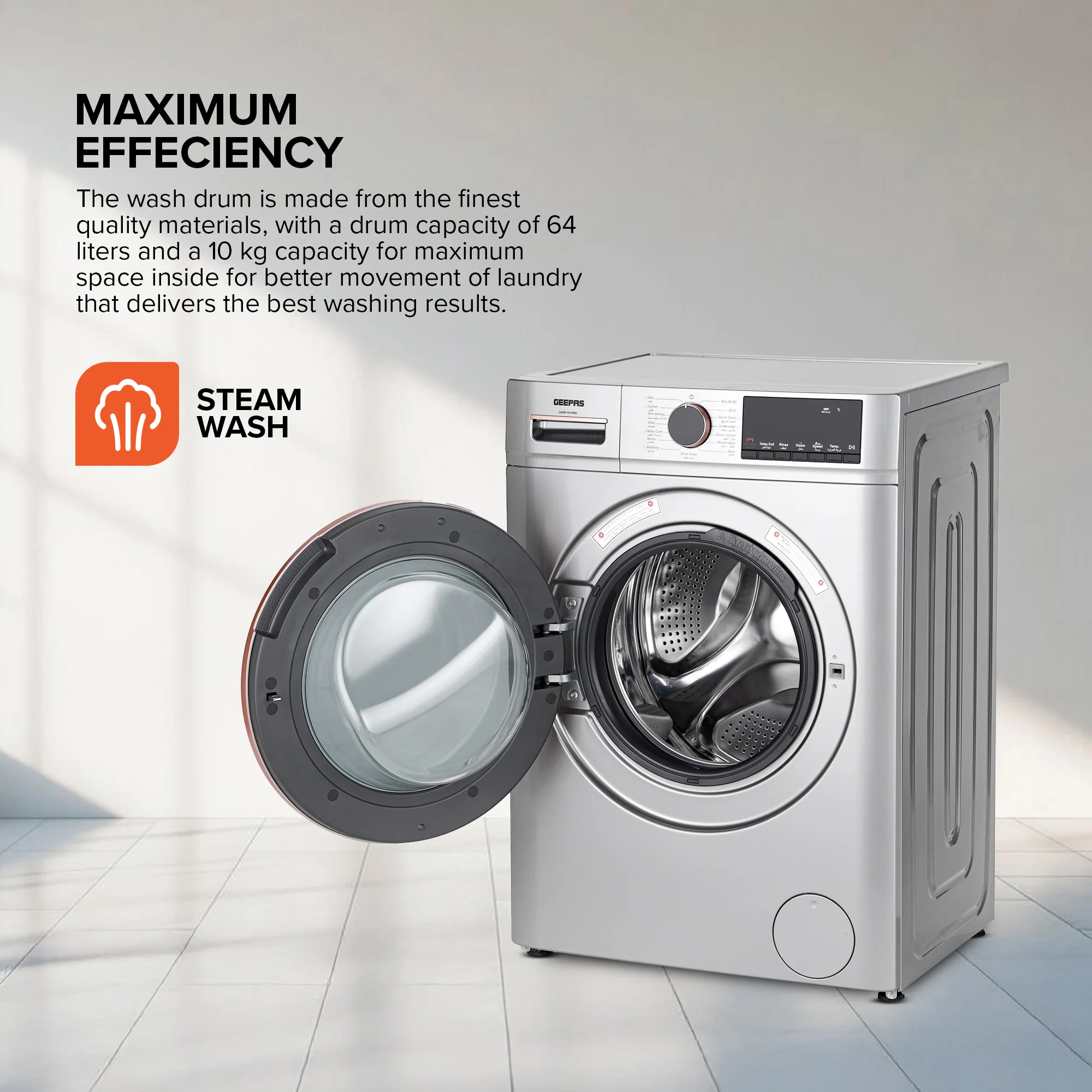 Geepas Front Load Washing Machine GWMF1041SRG | 10KG Capacity| Powerful Motor| Multiple Wash Programs| Energy Efficient Performance| Stylish Design|  1 Year Warranty - Image 4
