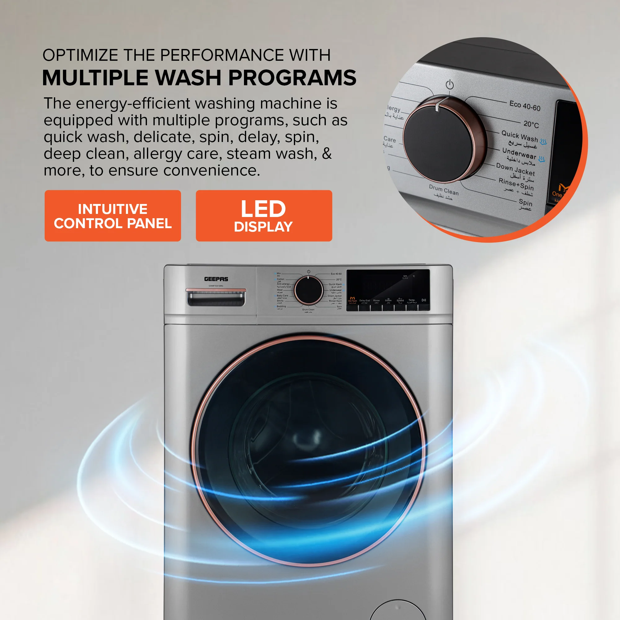 Geepas Front Load Washing Machine GWMF1041SRG | 10KG Capacity| Powerful Motor| Multiple Wash Programs| Energy Efficient Performance| Stylish Design|  1 Year Warranty - Image 5