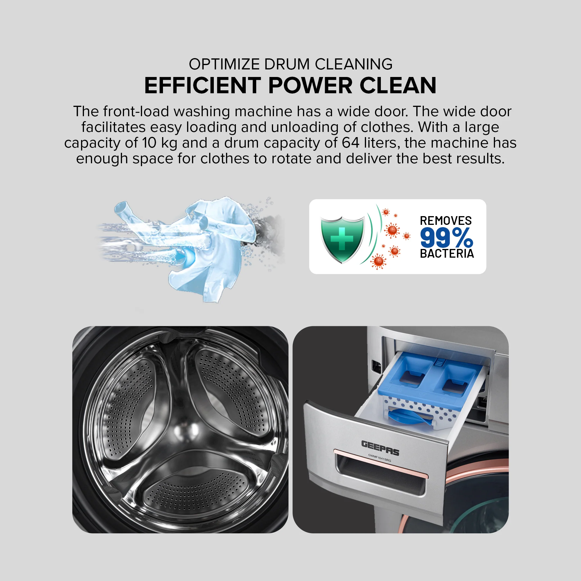 Geepas Front Load Washing Machine GWMF1041SRG | 10KG Capacity| Powerful Motor| Multiple Wash Programs| Energy Efficient Performance| Stylish Design|  1 Year Warranty - Image 6