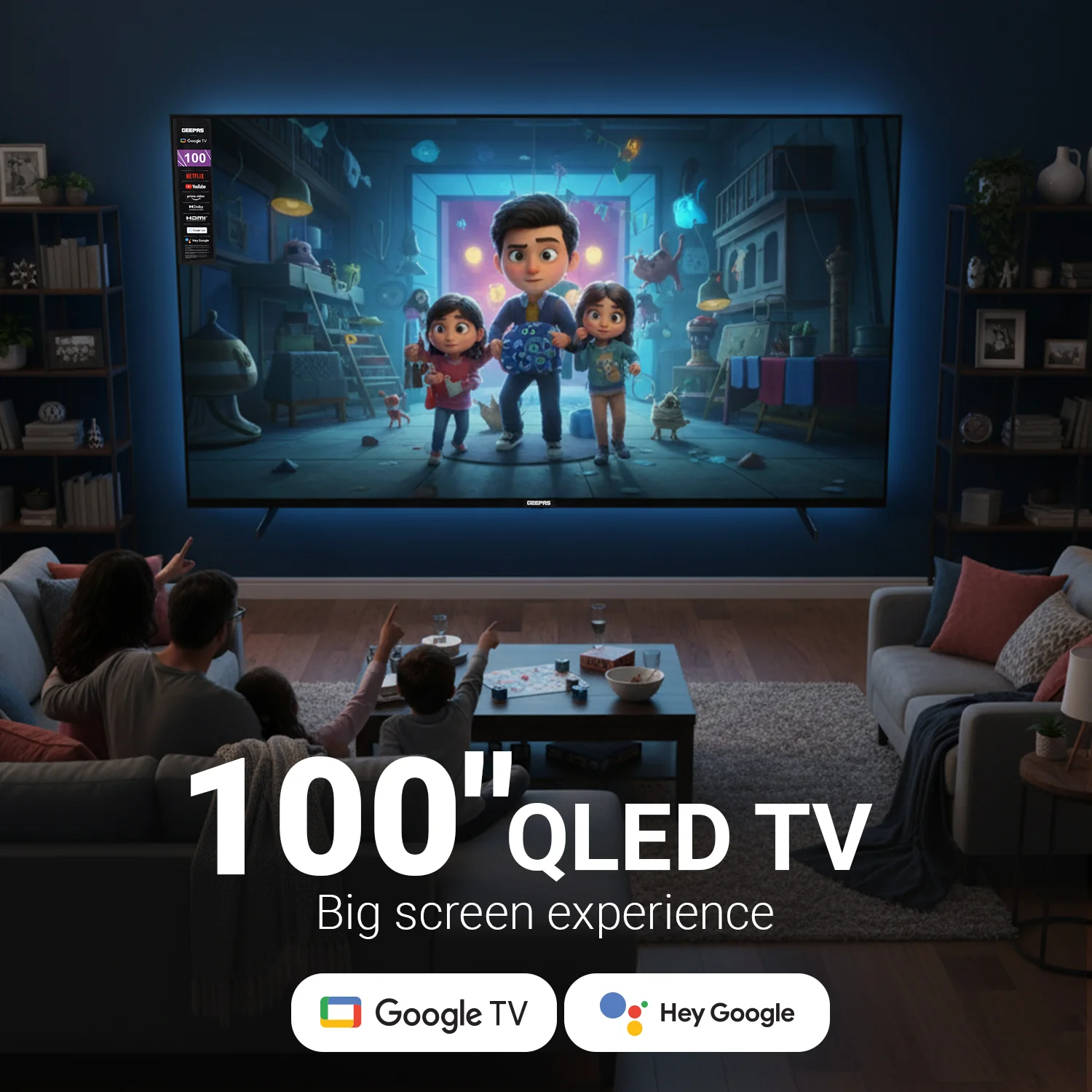 Geepas 100" Ultra HD QLED TV- GLED1007SGQLD with Remote Control | HDMI and USB Ports| Google TV| Dolby/ Pre-installed Apps like Netflix, YouTube, and Prime Video - Image 3