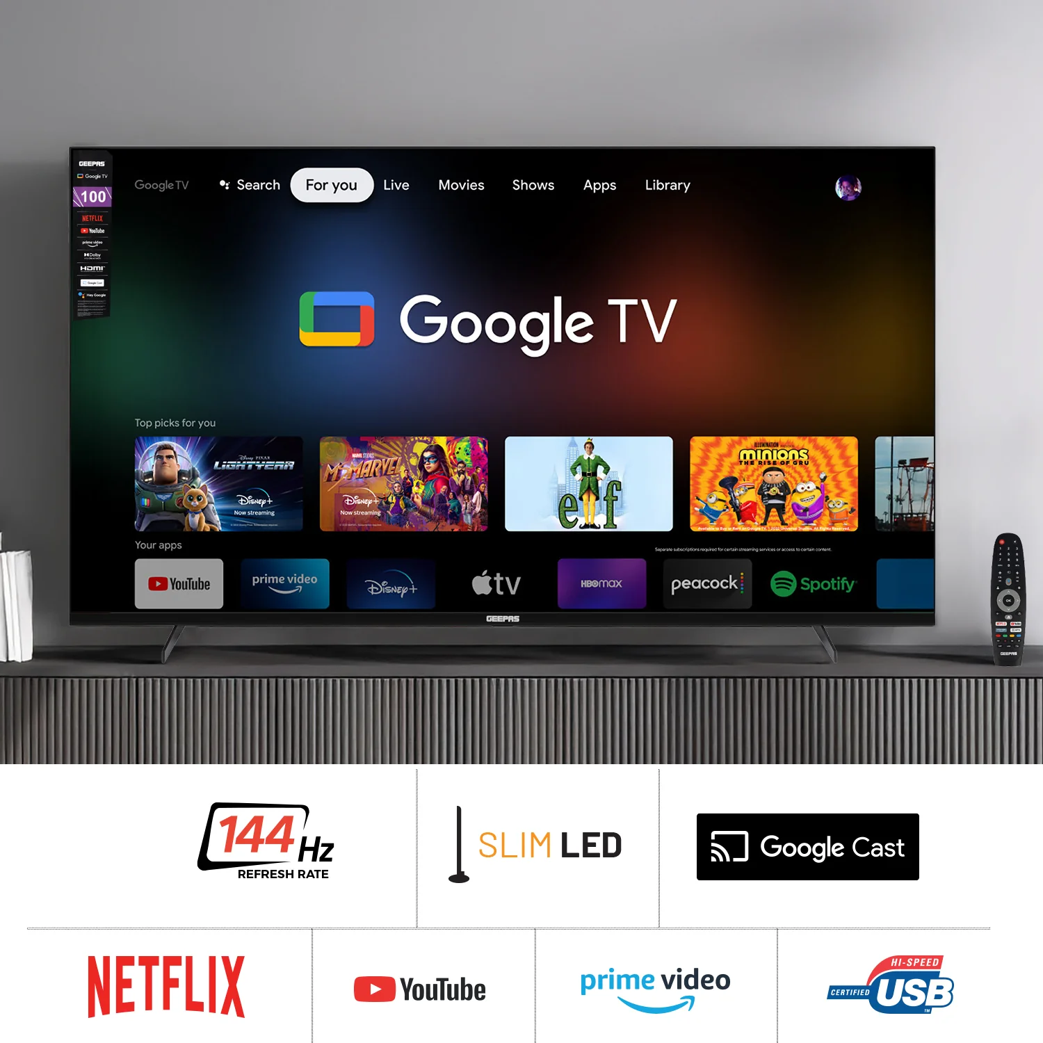 Geepas 100" Ultra HD QLED TV- GLED1007SGQLD with Remote Control | HDMI and USB Ports| Google TV| Dolby/ Pre-installed Apps like Netflix, YouTube, and Prime Video - Image 4