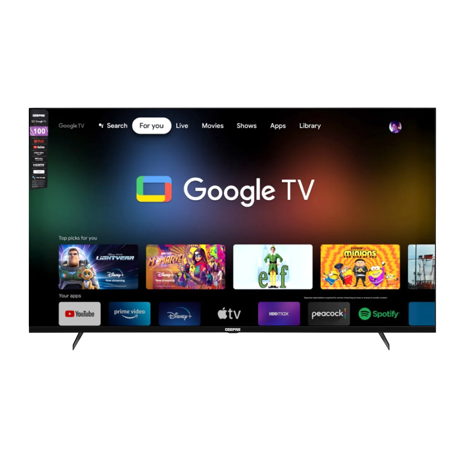 Geepas 100" Ultra HD QLED TV- GLED1007SGQLD with Remote Control | HDMI and USB Ports| Google TV| Dolby/ Pre-installed Apps like Netflix, YouTube, and Prime Video - Image 7