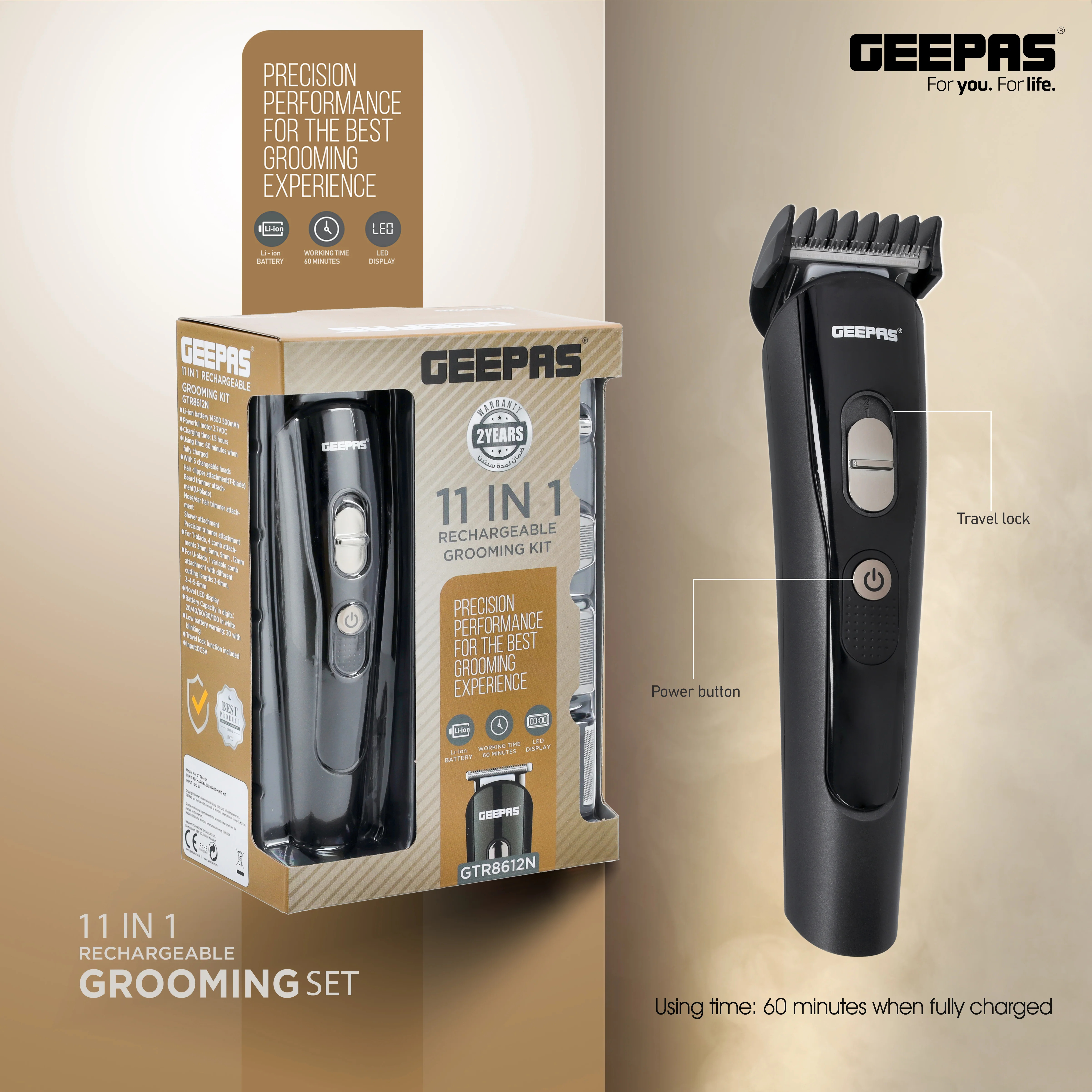 Geepas 11-in-1 Rechargeable Grooming Set- GTR8612N|  5 Interchangeable Heads and 4 Comb Attachments| LED Display with Battery Capacity Indicator| Works 60 Minutes - Image 3