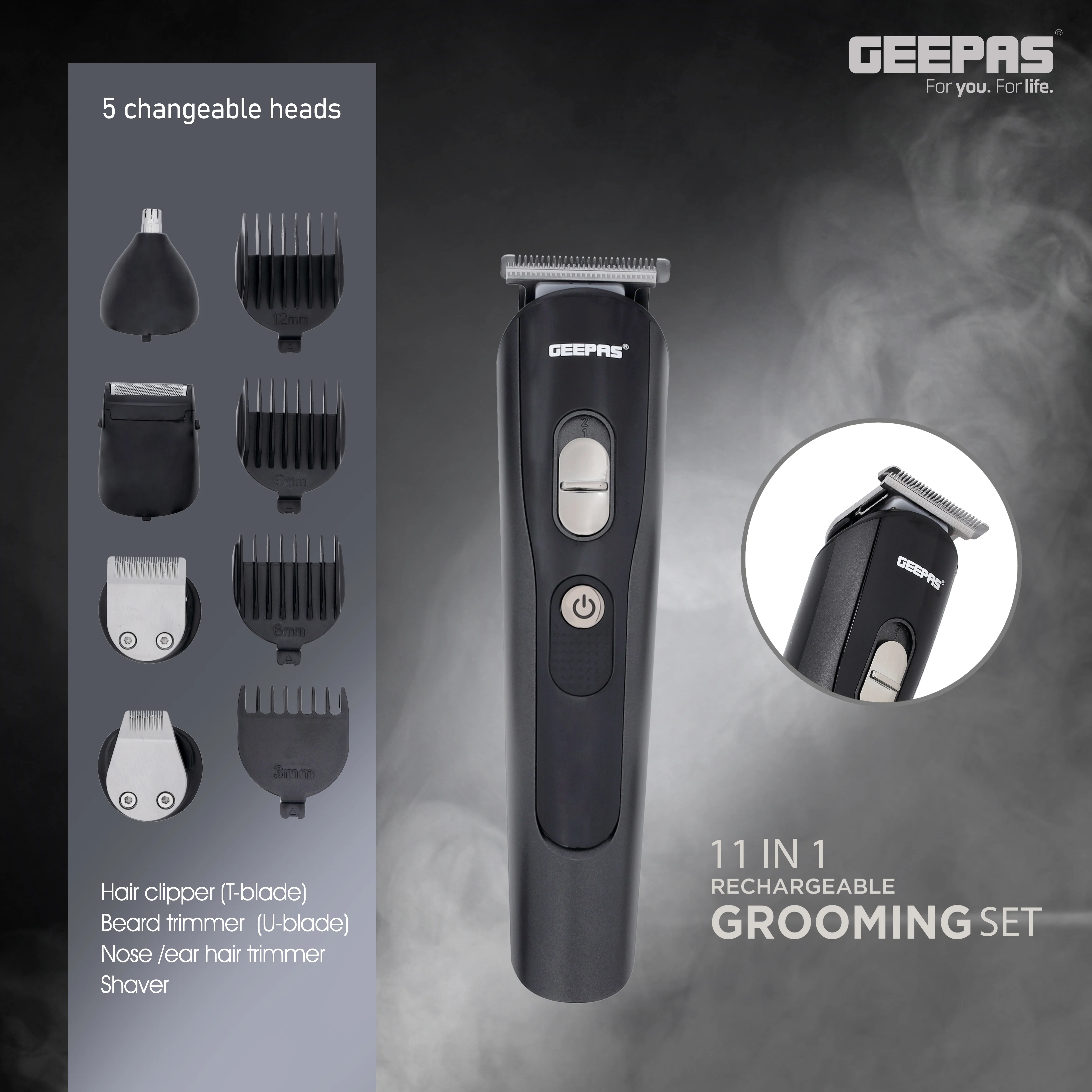 Geepas 11-in-1 Rechargeable Grooming Set- GTR8612N|  5 Interchangeable Heads and 4 Comb Attachments| LED Display with Battery Capacity Indicator| Works 60 Minutes - Image 4