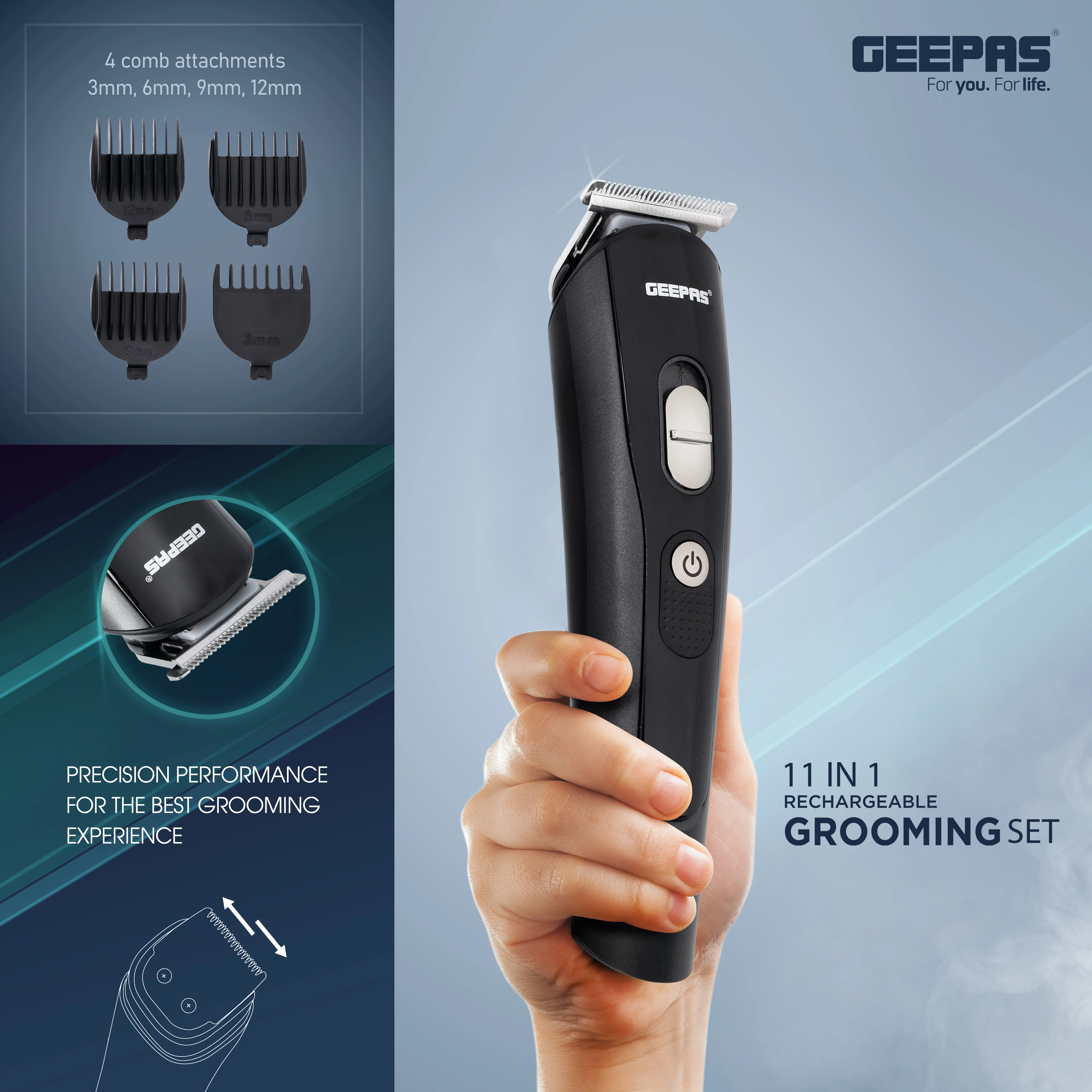 Geepas 11-in-1 Rechargeable Grooming Set- GTR8612N|  5 Interchangeable Heads and 4 Comb Attachments| LED Display with Battery Capacity Indicator| Works 60 Minutes - Image 5
