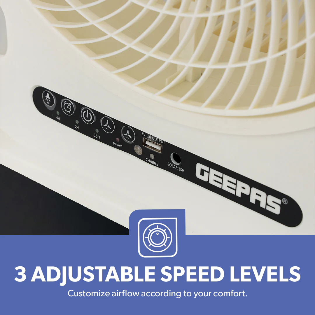 Geepas GF21190 12” Rechargeable Fan with Remote Control | 20 Hours Battery Backup| LED Light| USB Charging | Adjustable Speed| Energy Efficient Design| 2 Years Warranty - Image 3