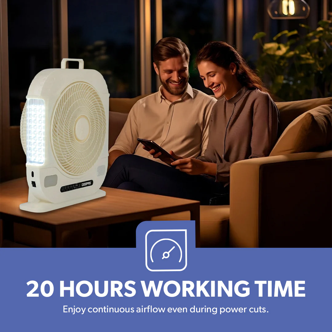 Geepas GF21190 12” Rechargeable Fan with Remote Control | 20 Hours Battery Backup| LED Light| USB Charging | Adjustable Speed| Energy Efficient Design| 2 Years Warranty - Image 4
