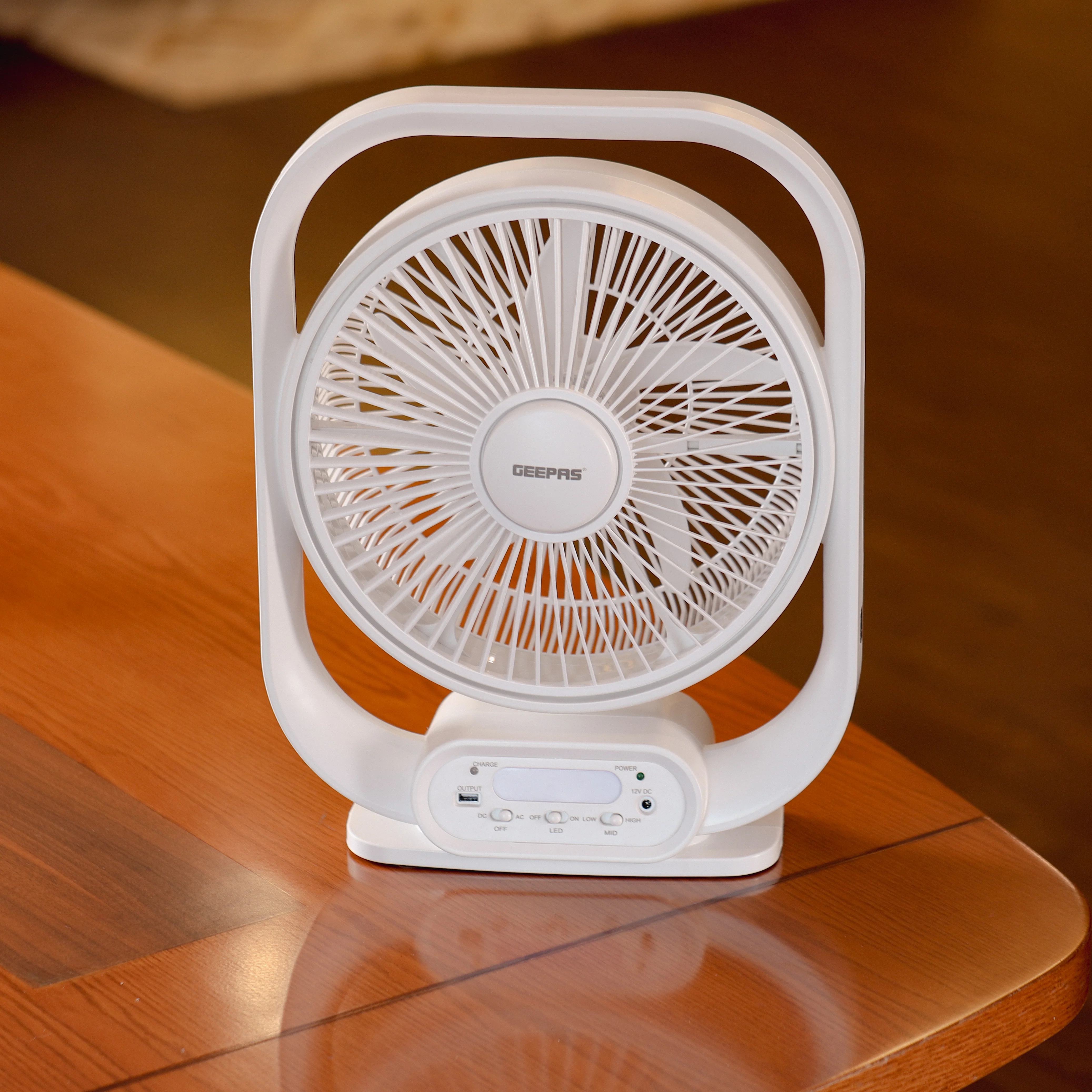 Geepas GF21189 Rechargeable 12-Inch Table Fan | Built-in LED Light | USB & Solar Charging Input| 3 Speed Settings| Long Battery Backup| Portable Design| 2 Years Warranty - Image 2