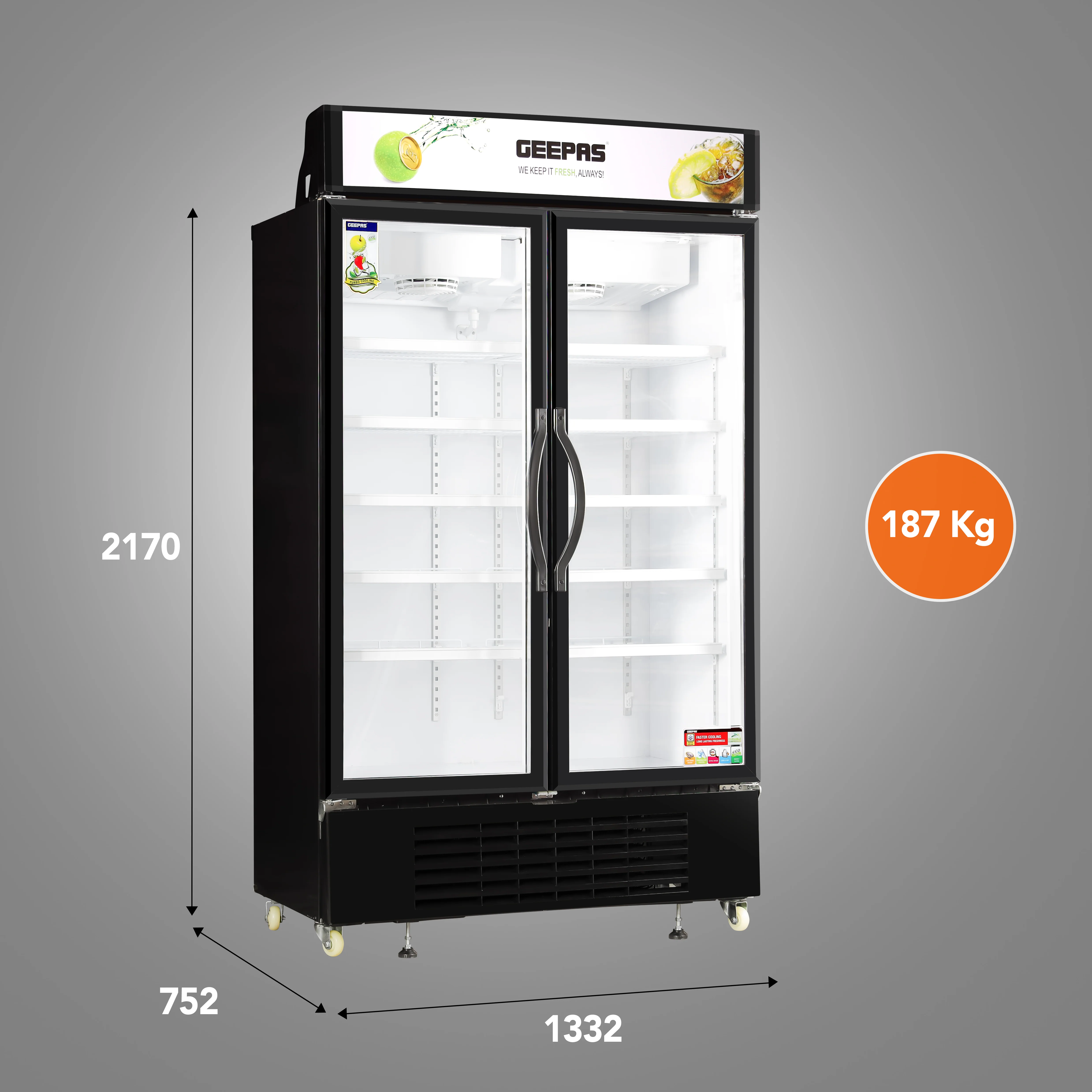 Geepas Upright Showcase Chiller GSC1222CN |1200L Large Capacity Display Fridge |LED Light |Adjustable Thermostat | No Frost Cooling System | Auto Closing Door |Lock & Key - Image 3