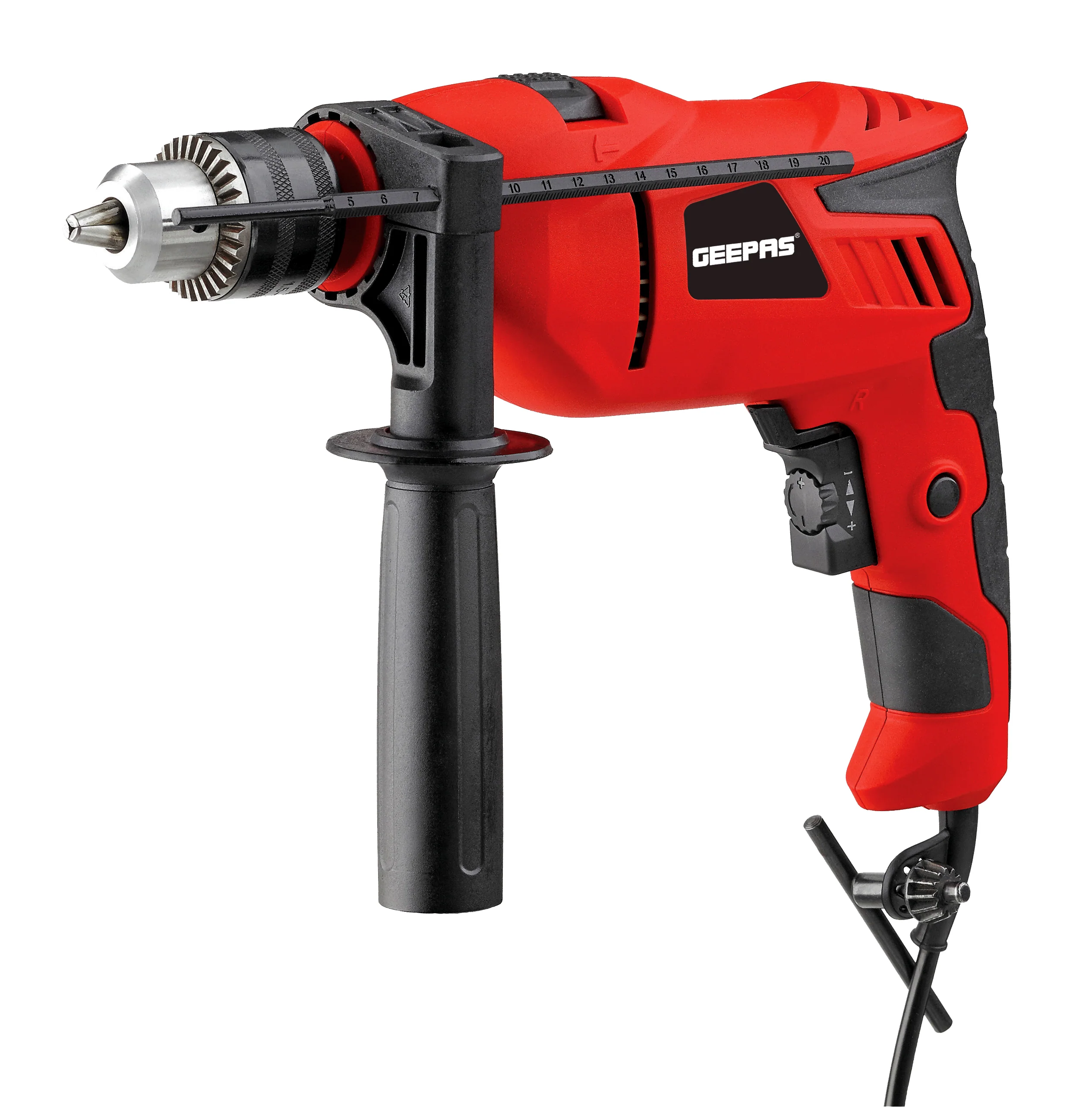 Geepas 13mm Percussion Drill 750W- Selector for Masonry, Brick, Metal, Wood & More - | 13mm Chuck - Support Handle, Lock-On Switch, Depth Gauge with Impact Function & 2800RPM