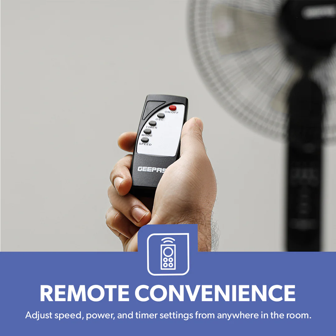 Geepas GF9489 16 Inch Stand Fan with Remote Control | 60W Powerful Motor | 3 Speed Settings| 7.5 Hour Timer | Adjustable Height | Oscillation Function | 2 Years Warranty - Image 5