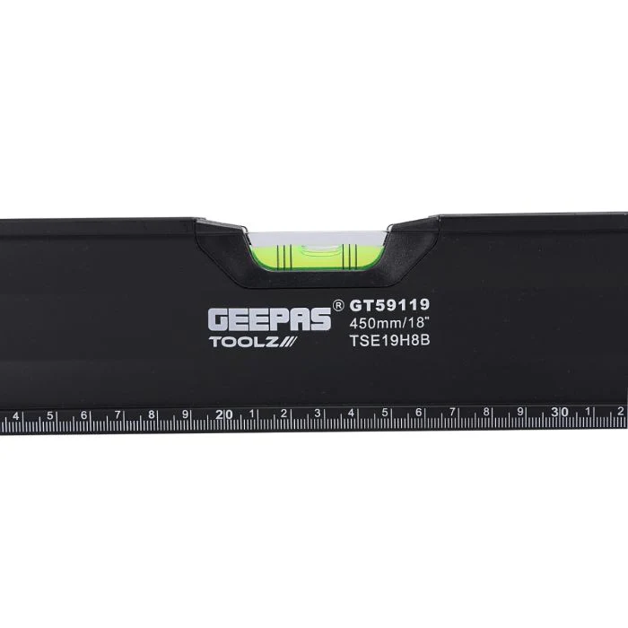 Geepas 18-Inch Spirit Level - Horizontal/Vertical/45-Degree, Measuring Shock Resistant End Caps | Rubberized Hand Grip | Vial Accuracy 0.5mm, Magnetic Edges With Heavy Duty Aluminium Frame - Image 2