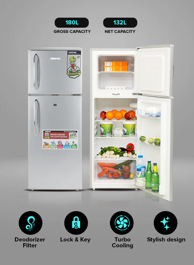Geepas Double Door Refrigerator - Durable Double Door Refrigerator, Gross 180L & Net 132L capacity, Fast Cooling & Preserves Freshness, Low Noise, Energy Efficient, In-Built Deodorizer - Image 3