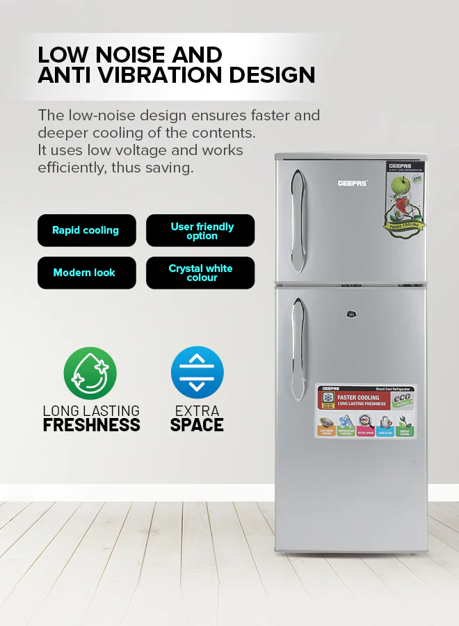Geepas Double Door Refrigerator - Durable Double Door Refrigerator, Gross 180L & Net 132L capacity, Fast Cooling & Preserves Freshness, Low Noise, Energy Efficient, In-Built Deodorizer - Image 6