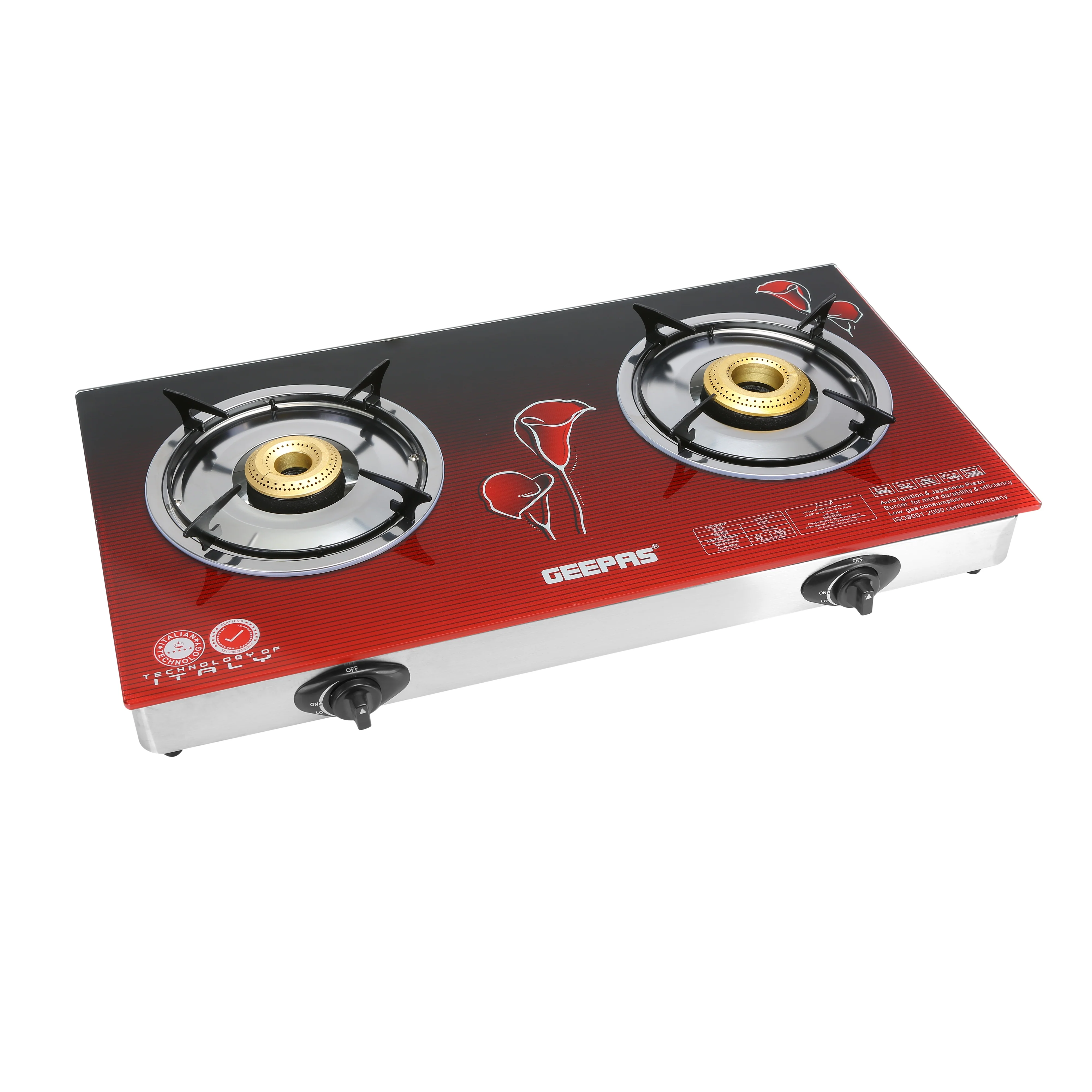 Geepas Glass Top Gas Cooker GK5602 |2 High-Efficiency Burners |8mm Thick Tempered Glass Top |Auto Ignition, Sturdy Pan Supports & Easy to Clean Design for Modern Kitchens - Image 5
