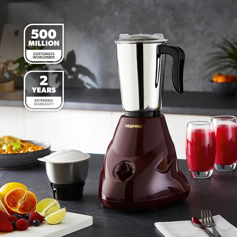 Geepas 2-IN-1 Mixer Grinder- GSB44091| 550W Powerful Motor, Stainless Steel Jars and Blade| Ergonomic Grip and Equipped with Overload Protector| Maroon, 2 Years Warranty - Image 3