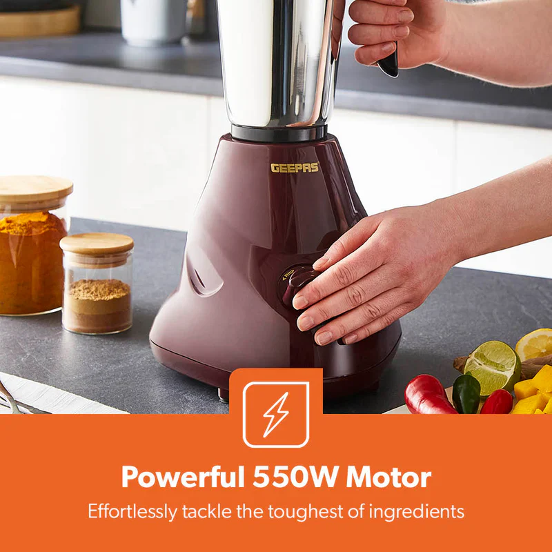 Geepas 2-IN-1 Mixer Grinder- GSB44091| 550W Powerful Motor, Stainless Steel Jars and Blade| Ergonomic Grip and Equipped with Overload Protector| Maroon, 2 Years Warranty - Image 4
