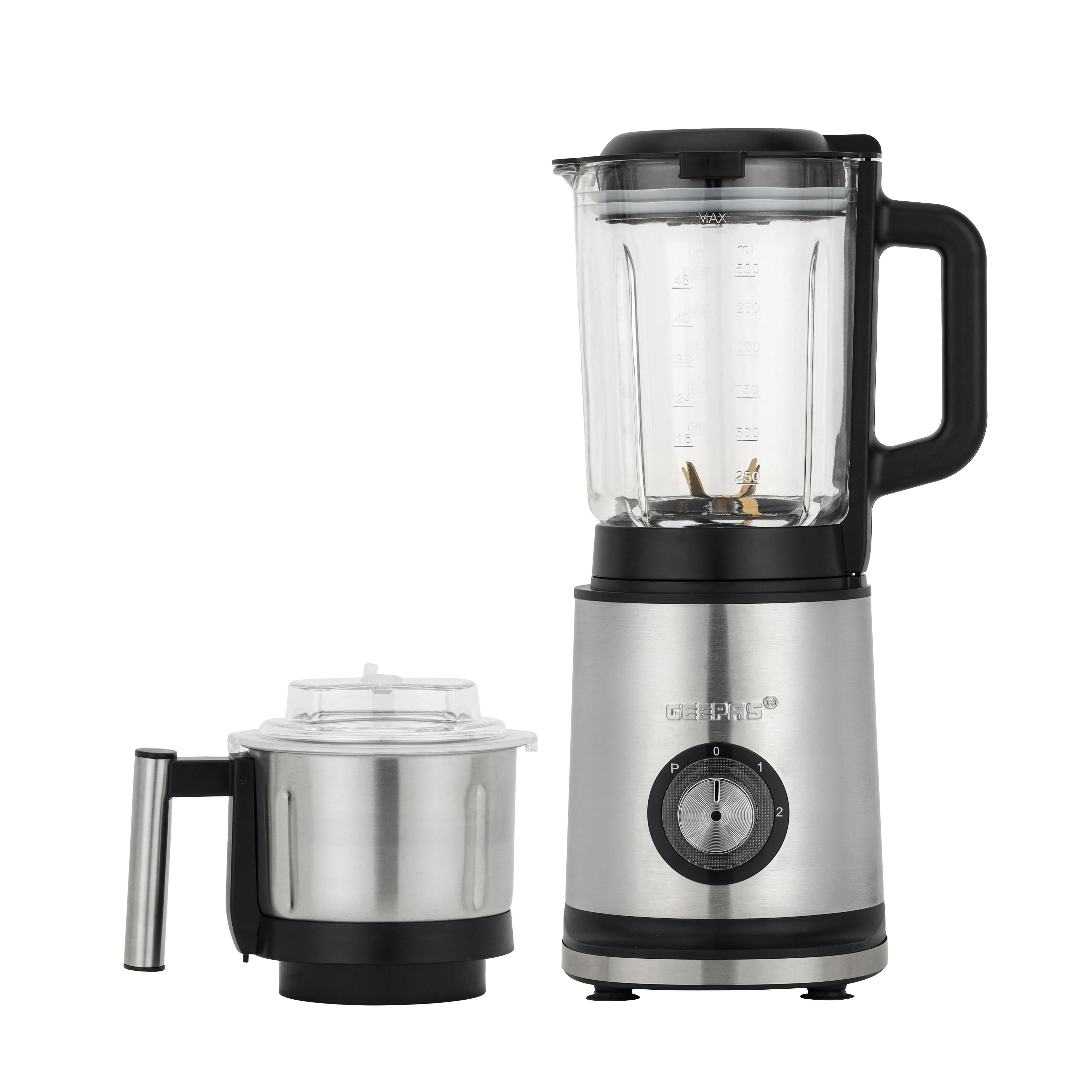 Geepas 2-in-1 Professional Blender- GSB44050/ 1200W/ 2.2 Liter Transparent Jar & Stainless Steel Grinder Attachment/2 Speed Settings/ LED Light Indicator/2 Years Warranty