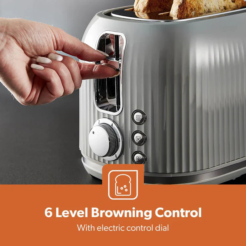 Geepas Fluted Bread Toaster- GBT36558UK-GR/ 2 Slice Slot, with 6 Adjustable Browning Control and Removable Crumb Tray, Defrost and Reheat Button/  2 Years Warranty, Grey - Image 4